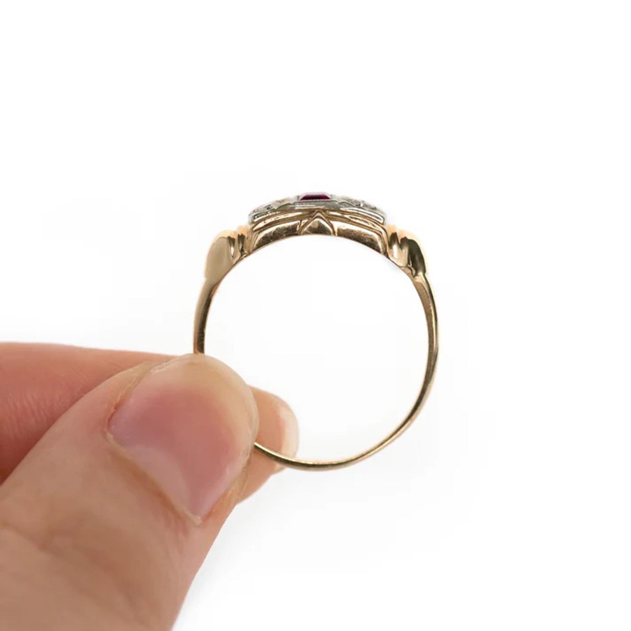 Women's 1930's Ruby & Diamond Ring in 14K Yellow Gold and Old Miner Cut Diamonds For Sale