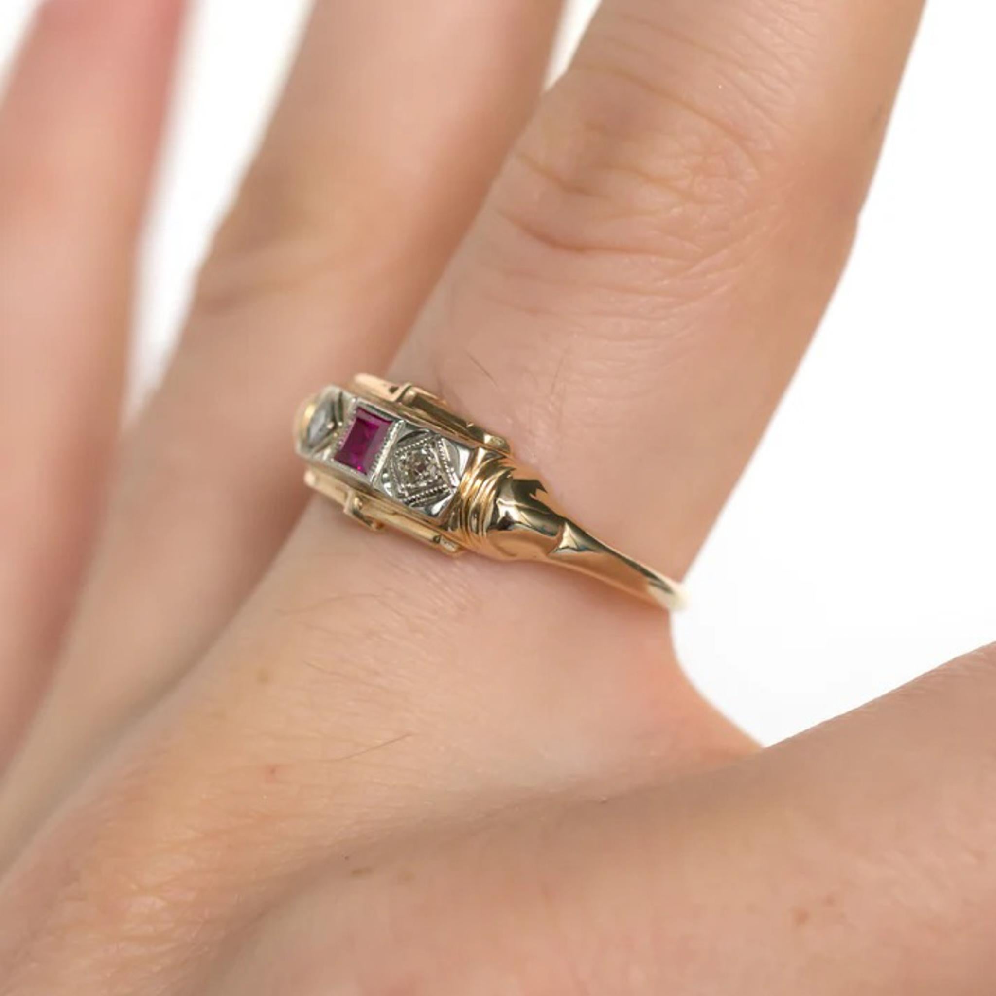 1930's Ruby & Diamond Ring in 14K Yellow Gold and Old Miner Cut Diamonds For Sale 2