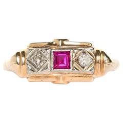 1930's Ruby & Diamond Ring in 14K Yellow Gold and Old Miner Cut Diamonds