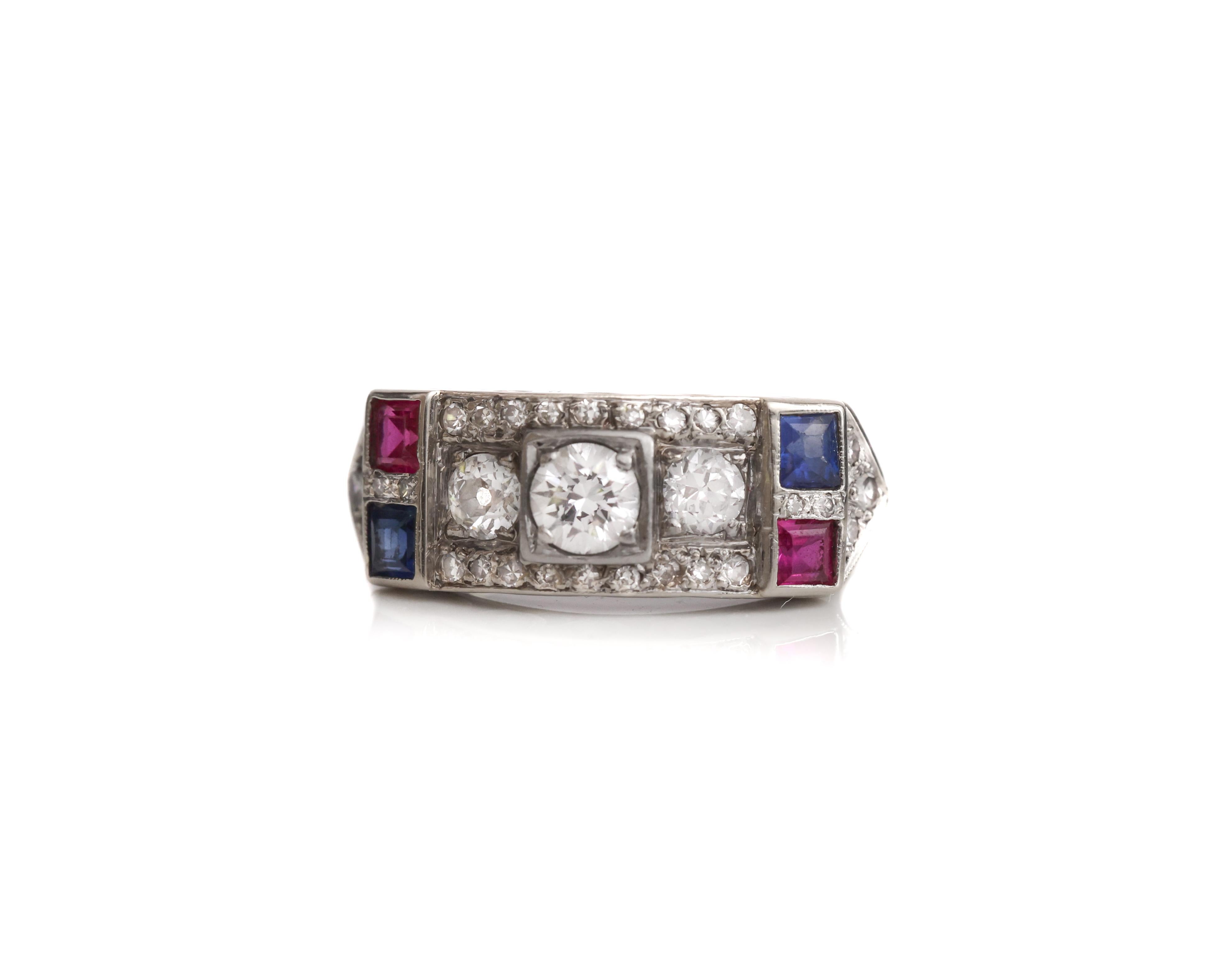 Ruby Sapphire Diamond Art Deco Ring 

Ring Details:
Metal Type: 14 Karat White Gold
Weight: 4.9 grams
Ring Size: 8 (Resizable)
Circa 1930s, Art Deco

Diamond Details:
Cut: Old European
Color: G
Clarity: VS
Carat: .80 carat

.80 Carat Ruby and