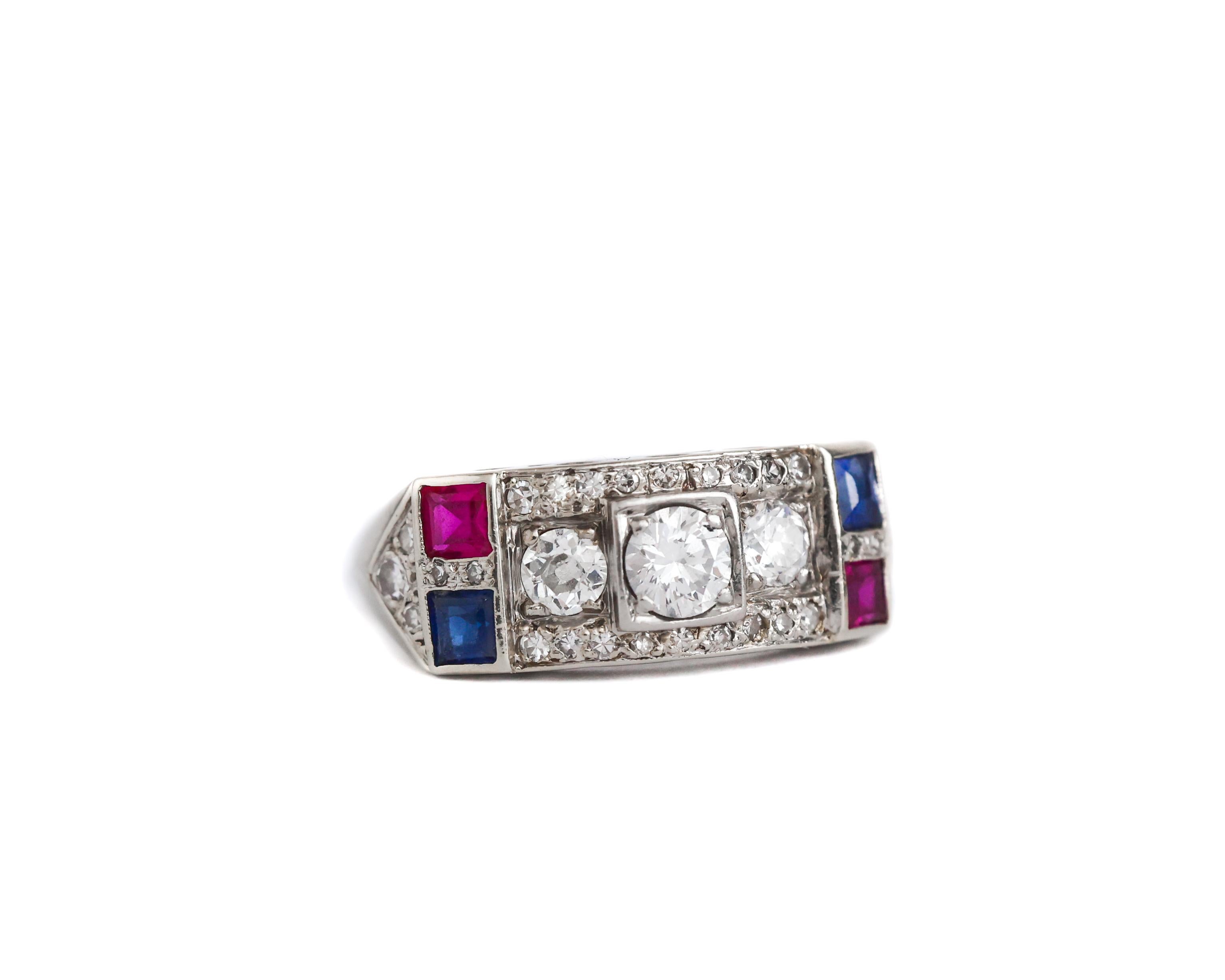 Art Deco 1930s Ruby, Sapphire and Diamond Ring in 14 Karat Gold For Sale