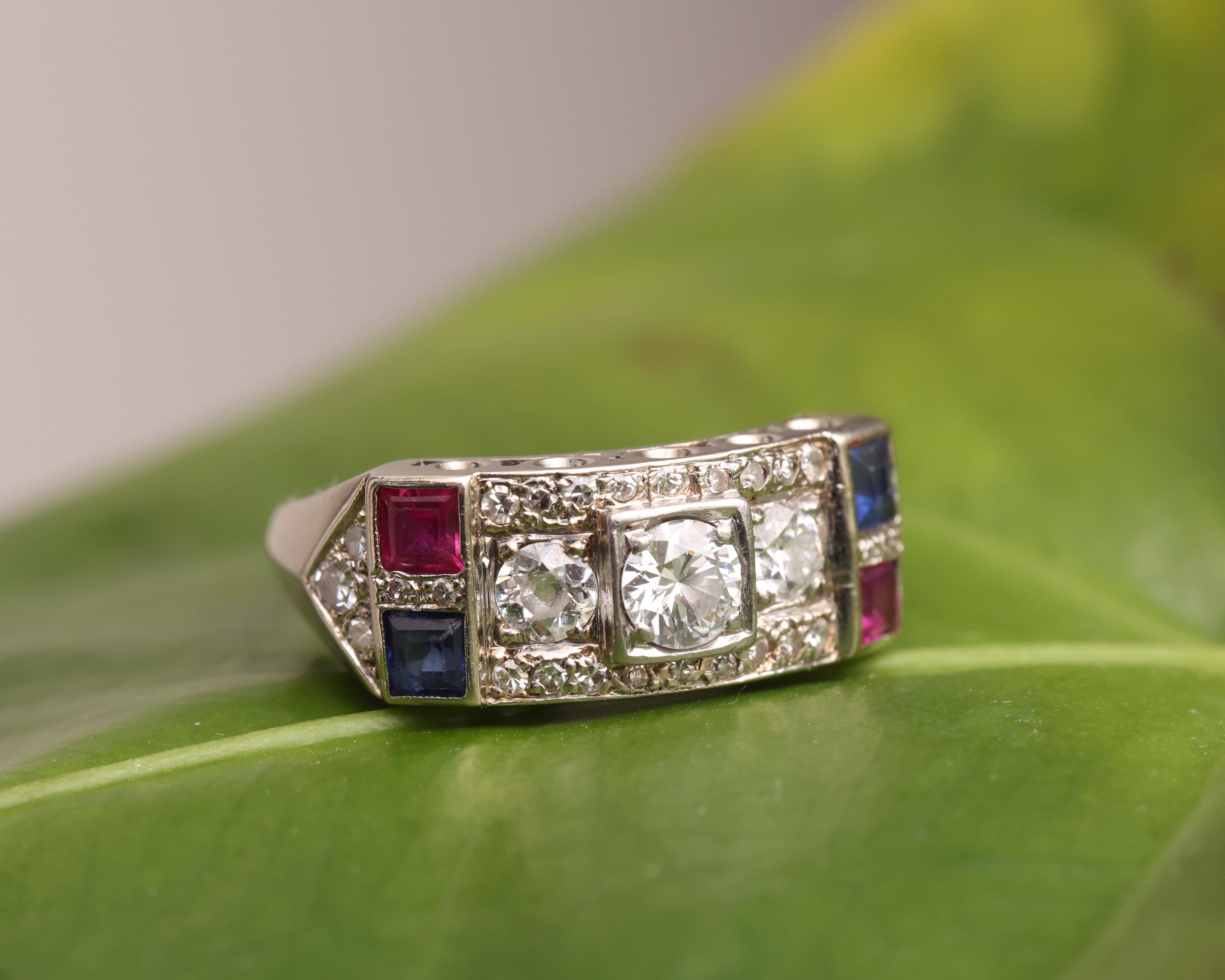 Round Cut 1930s Ruby, Sapphire and Diamond Ring in 14 Karat Gold For Sale