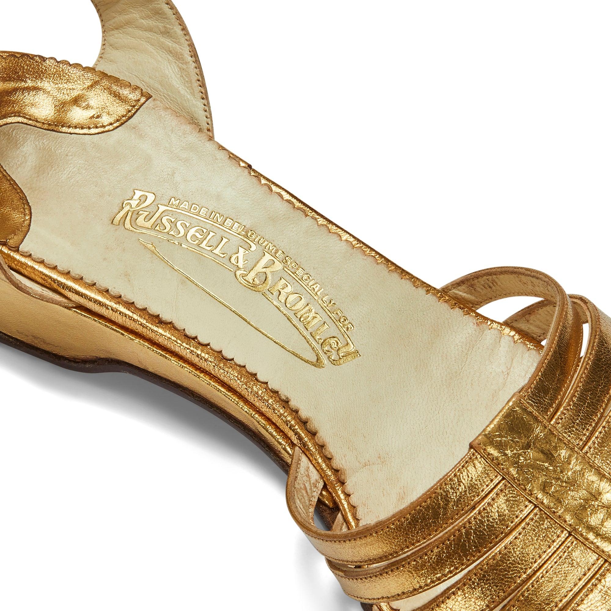 Brown 1930s Russell and Bromley Gold Low Wedge Sandal 39.5 For Sale