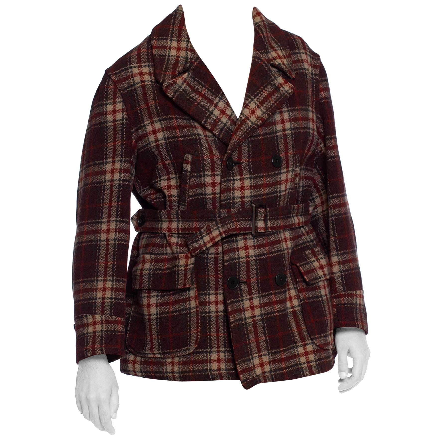 1930S Russet Brown Plaid Wool Men's Montgomery Ward Pea Coat
