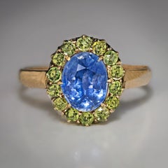 1930s Russian 2.47 Carat Sapphire Demantoid Garnet Gold Cluster Ring