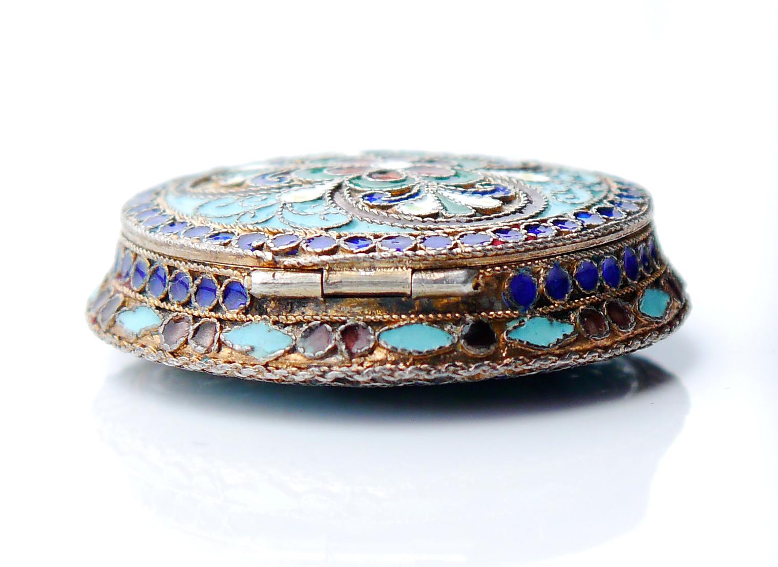 1930s Russian Pill Vanity Box 875 Silver Enamel / 32gr Unisexe en vente
