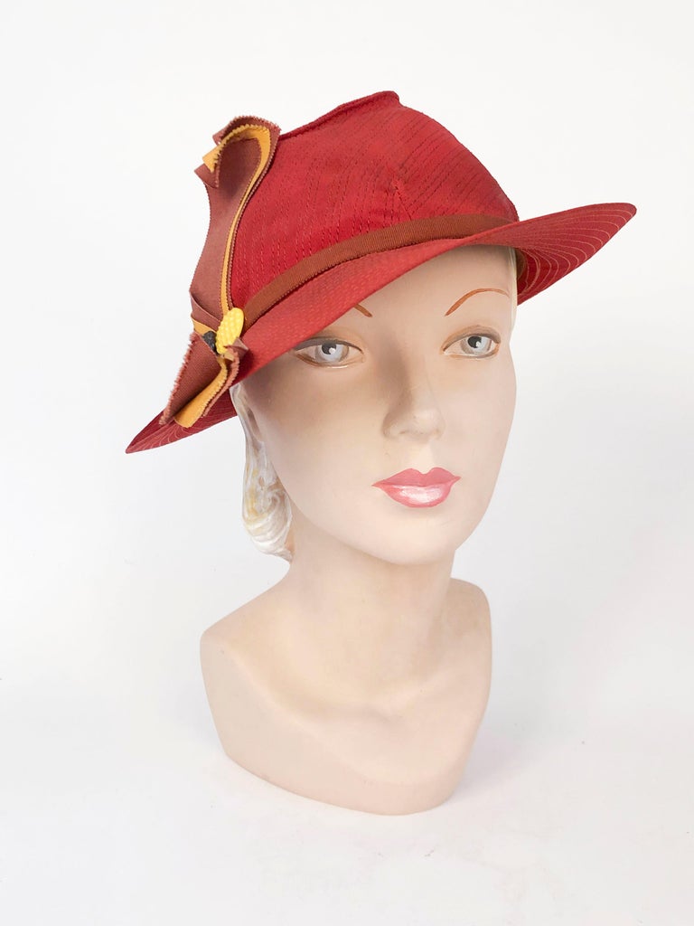 1930s Rust Colored Crepe Hat with Yellow Band and Topstitch Details at ...