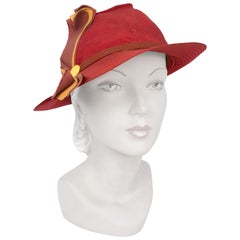 crepe hat band 1930s Rust Colored Crepe Hat with Yellow Band and Topstitch Details