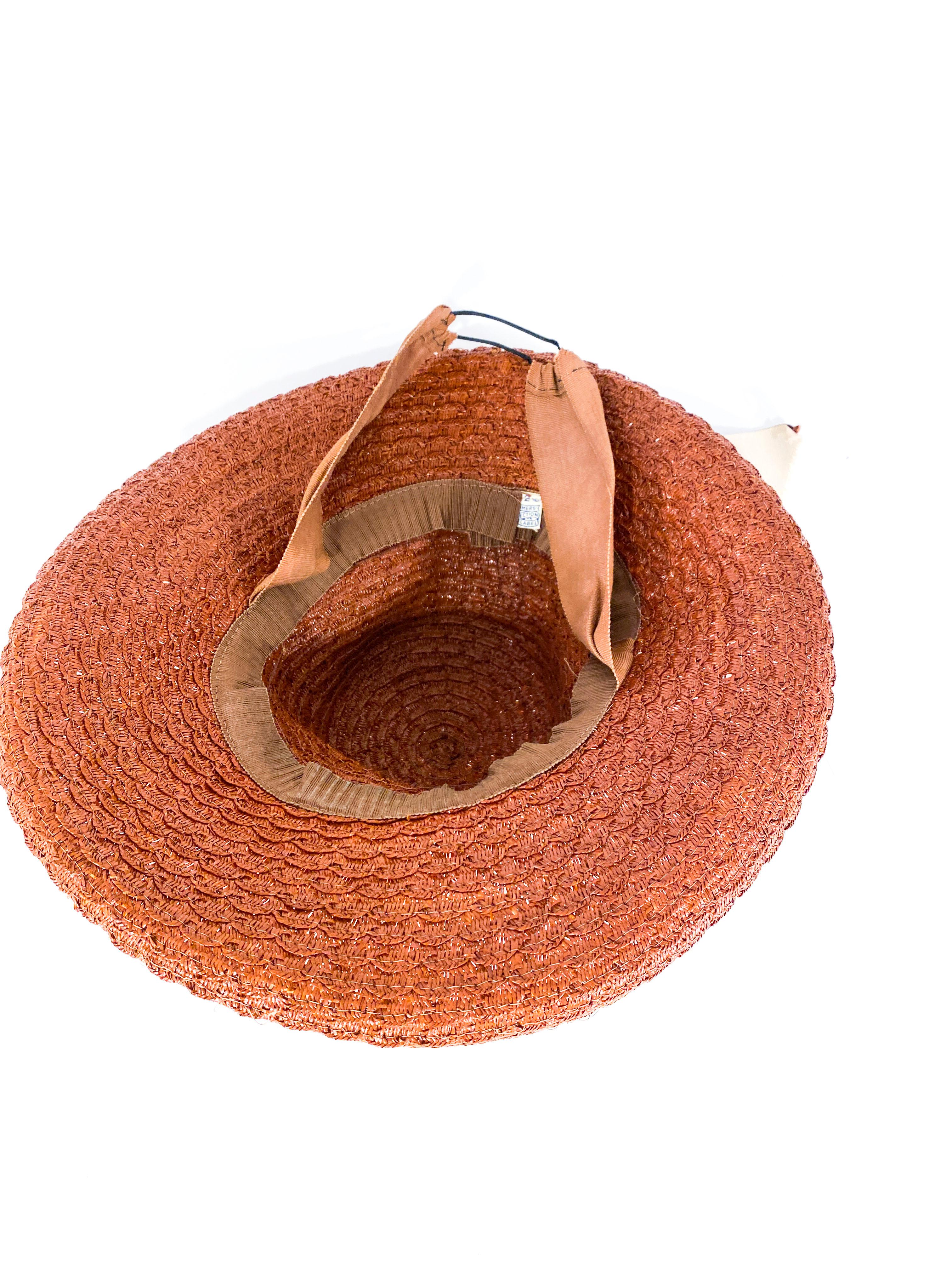 1930s Rust Woven Coated Straw with Ribbon and Flower Accents In Good Condition For Sale In San Francisco, CA