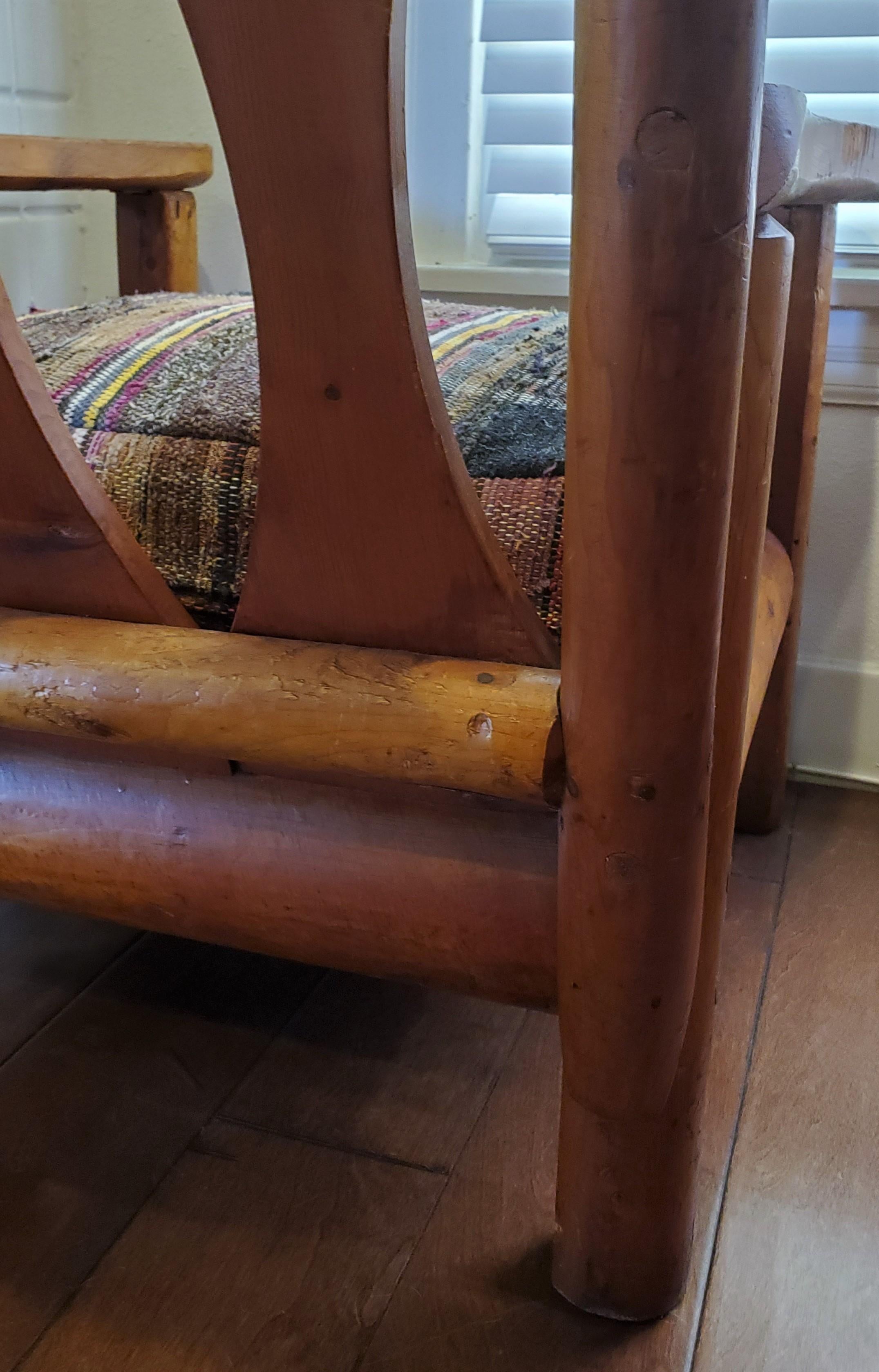 20th Century 1930's Rustic Pine Rittenhouse Cabin Arm Chair W/ Rag Rug Cushions