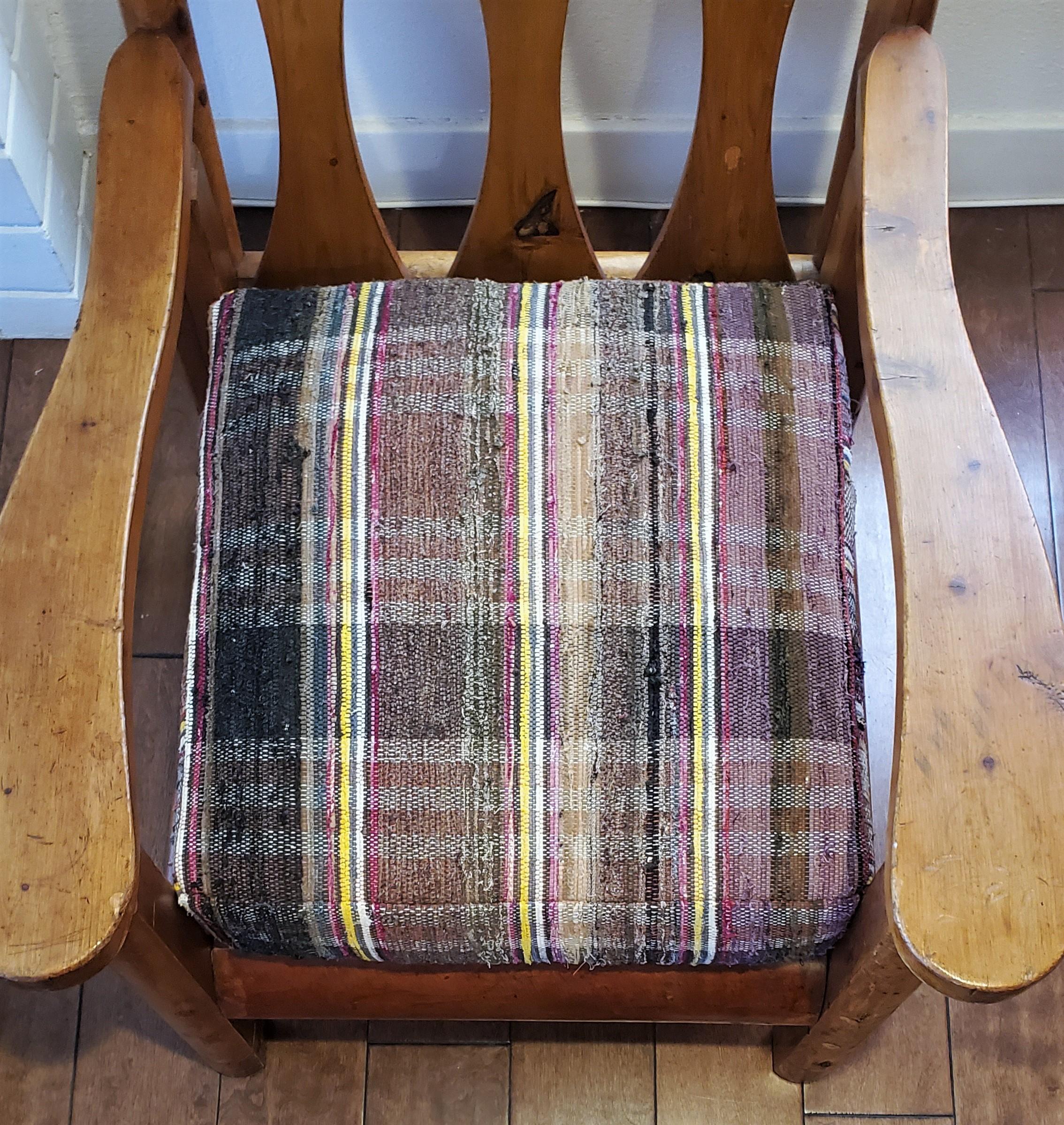 American 1930's Rustic Pine Rittenhouse Cabin Arm Chair W/ Rag Rug Cushions