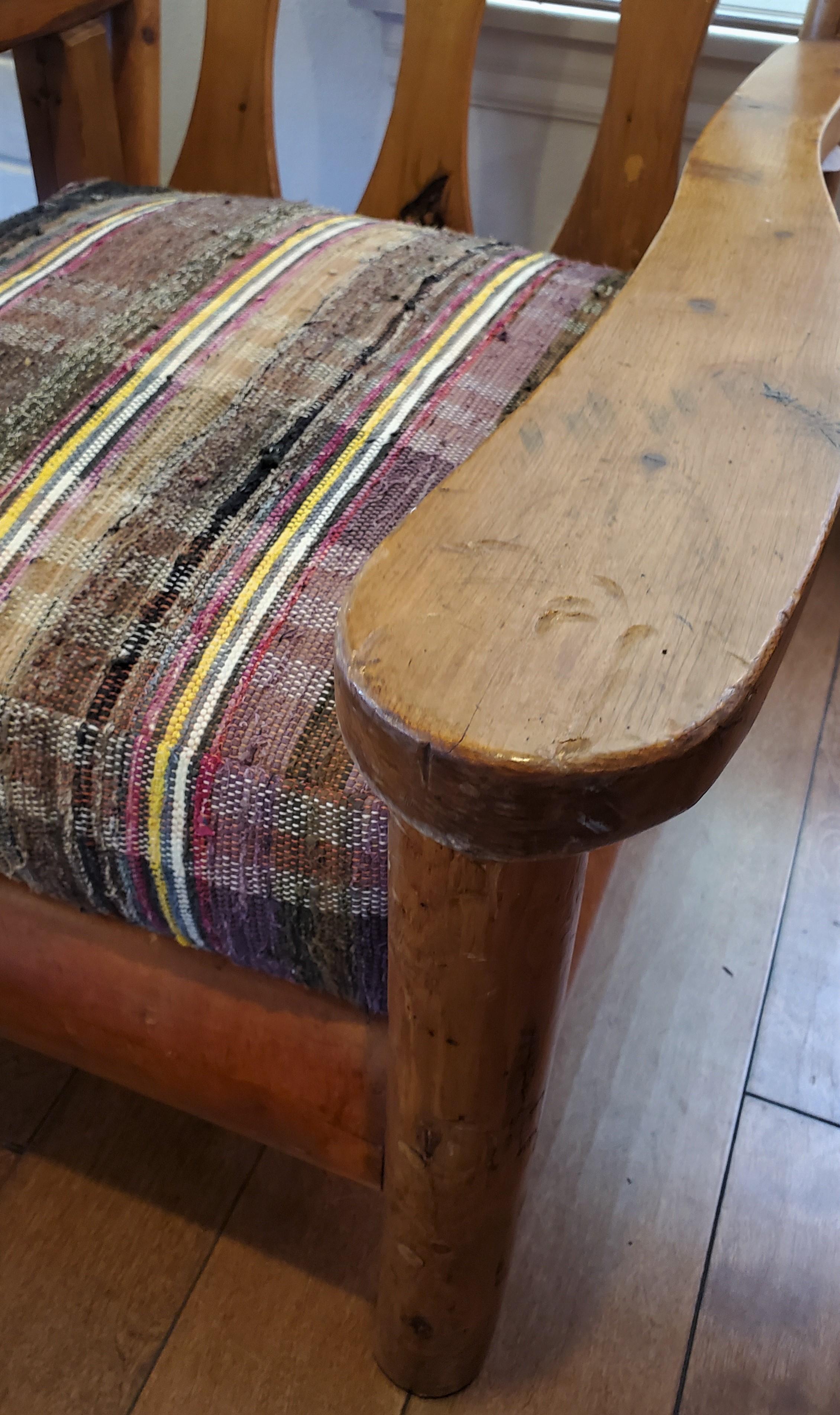 1930's Rustic Pine Rittenhouse Cabin Arm Chair W/ Rag Rug Cushions In Good Condition In Los Angeles, CA