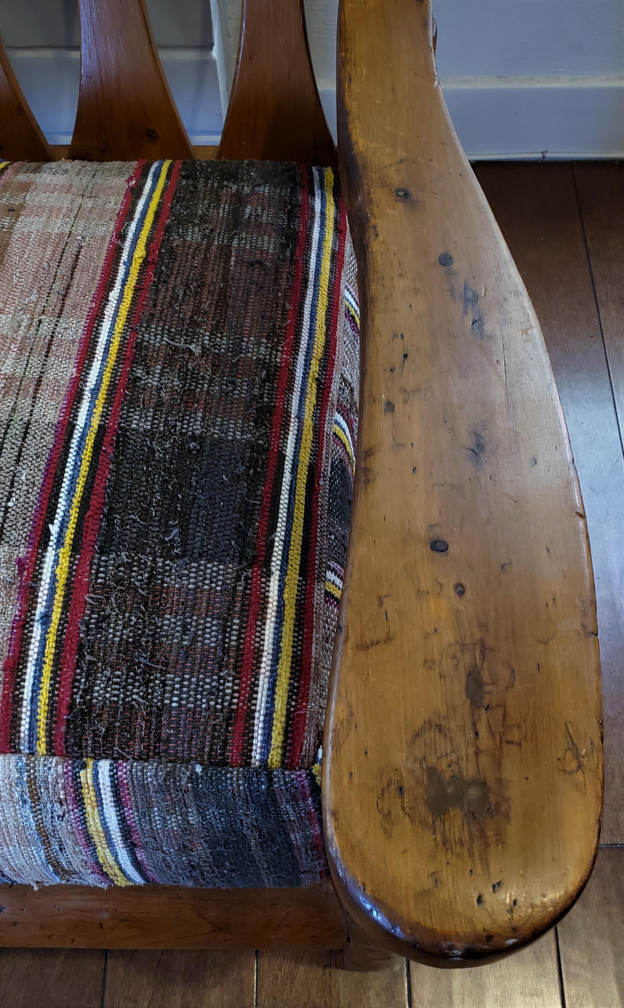 Wood 1930's Rustic Rittenhouse Pine Sofa with Rag Rug Upholstery Cushions