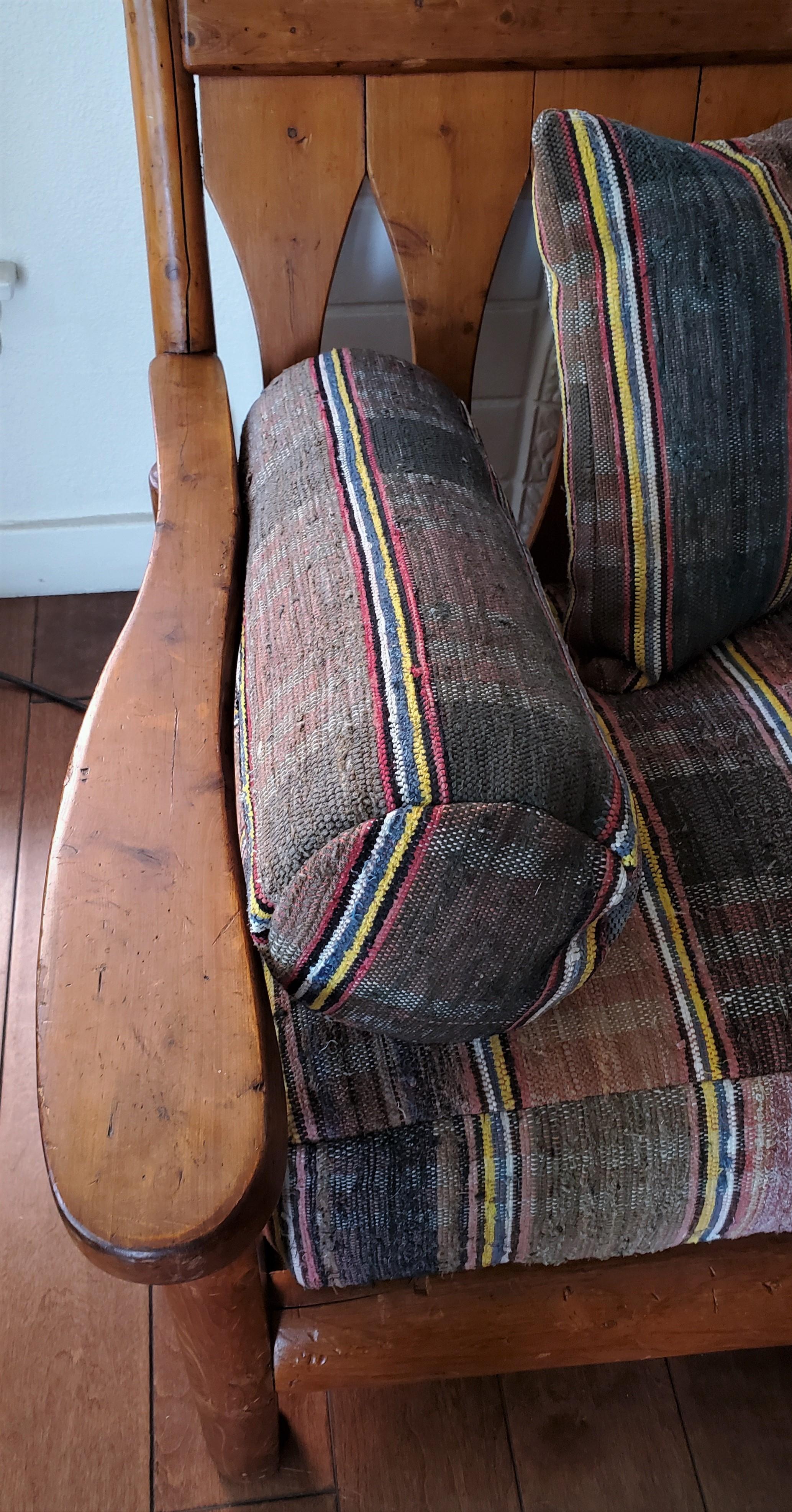 Adirondack 1930's Rustic Rittenhouse Pine Sofa with Rag Rug Upholstery Cushions