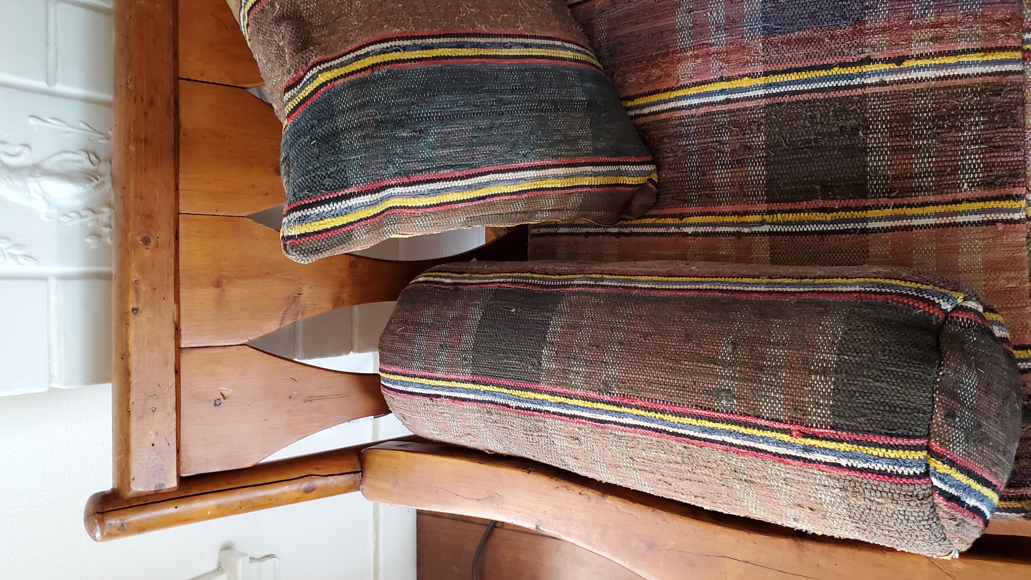 American 1930's Rustic Rittenhouse Pine Sofa with Rag Rug Upholstery Cushions