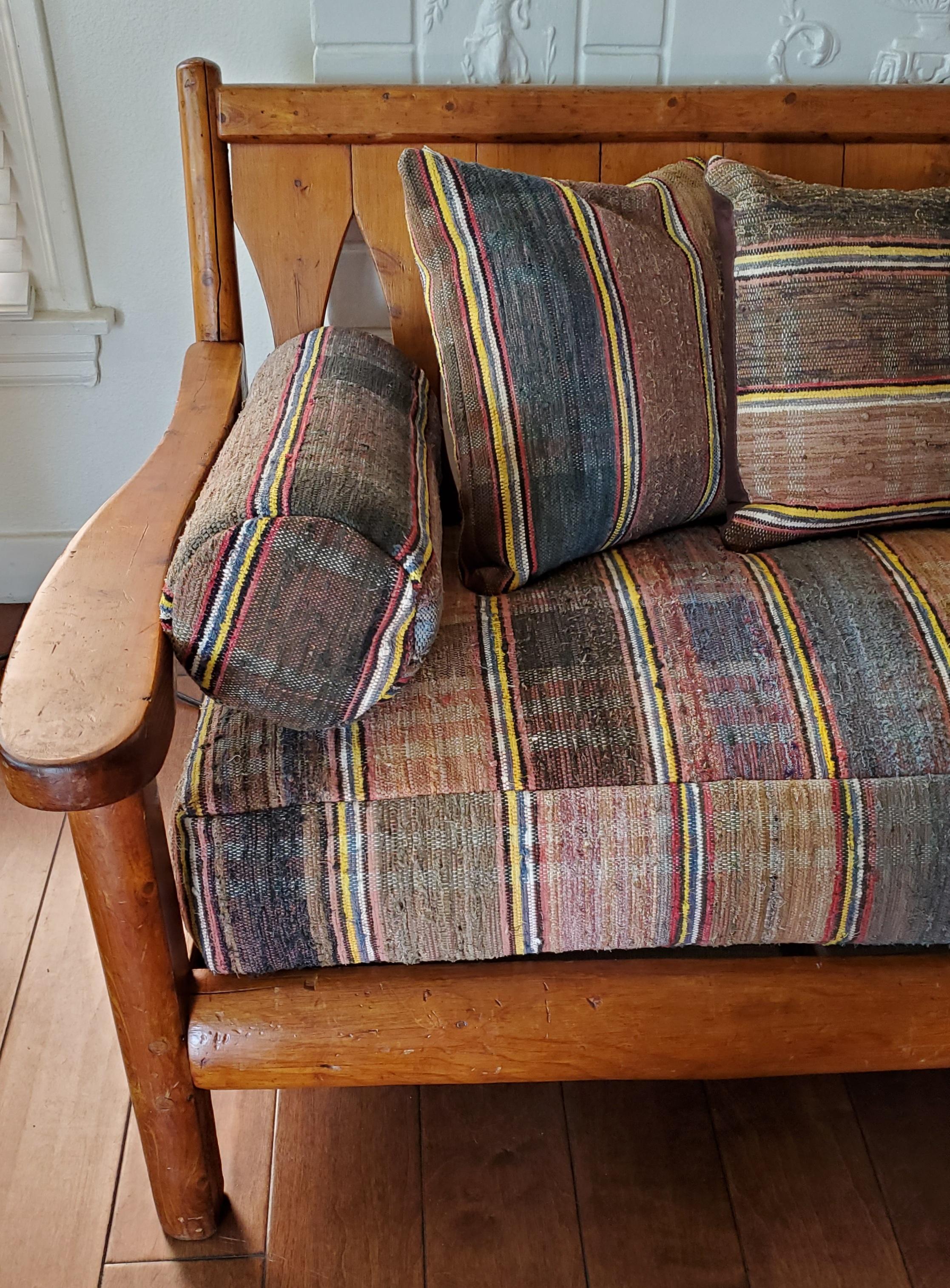 Hand-Crafted 1930's Rustic Rittenhouse Pine Sofa with Rag Rug Upholstery Cushions