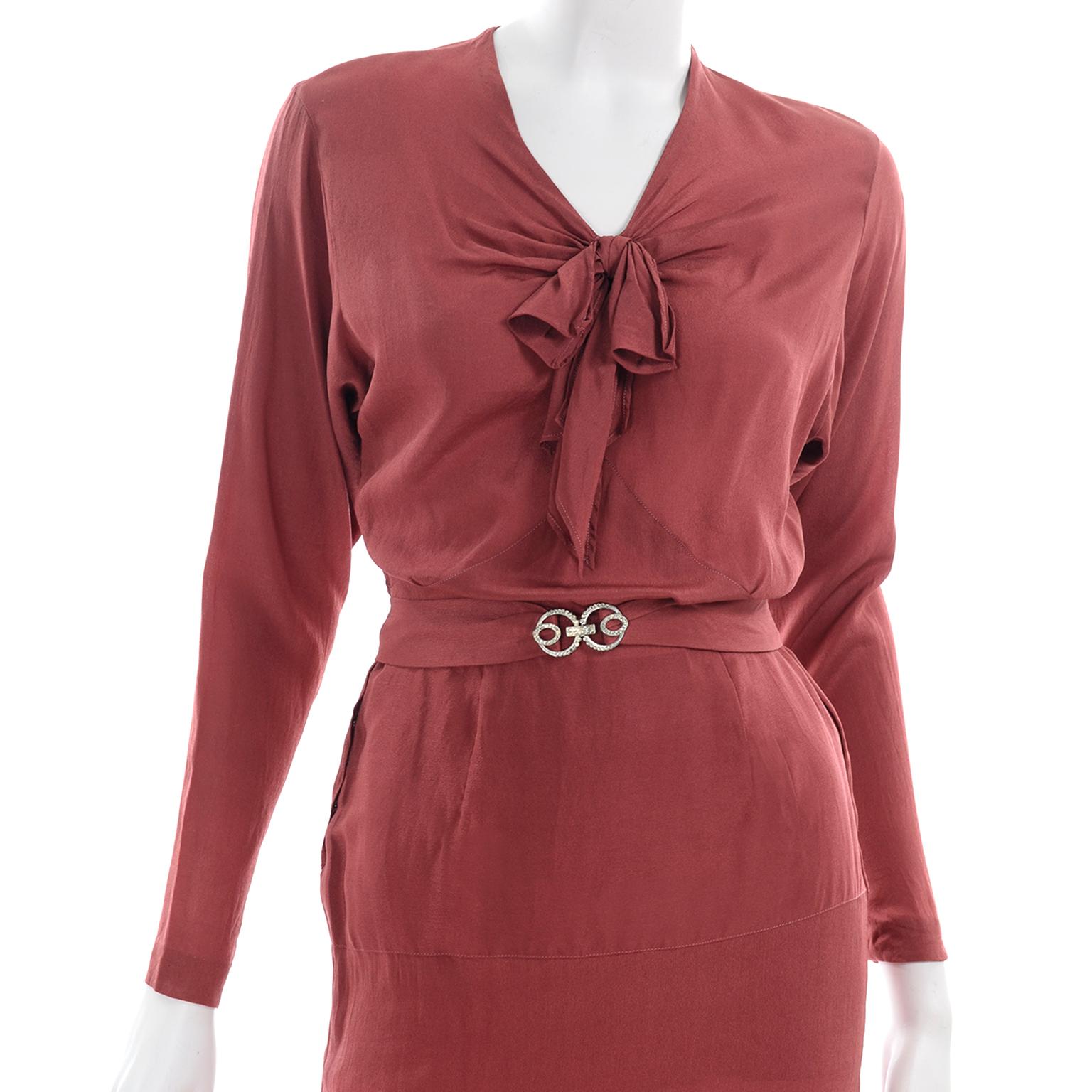 1930s Rusty Red Silk Vintage 2 Pc Bias Dress With Rhinestone Belt and Tie For Sale 4