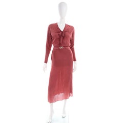 1930s Rusty Red Silk Vintage 2 Pc Bias Dress With Rhinestone Belt and Tie