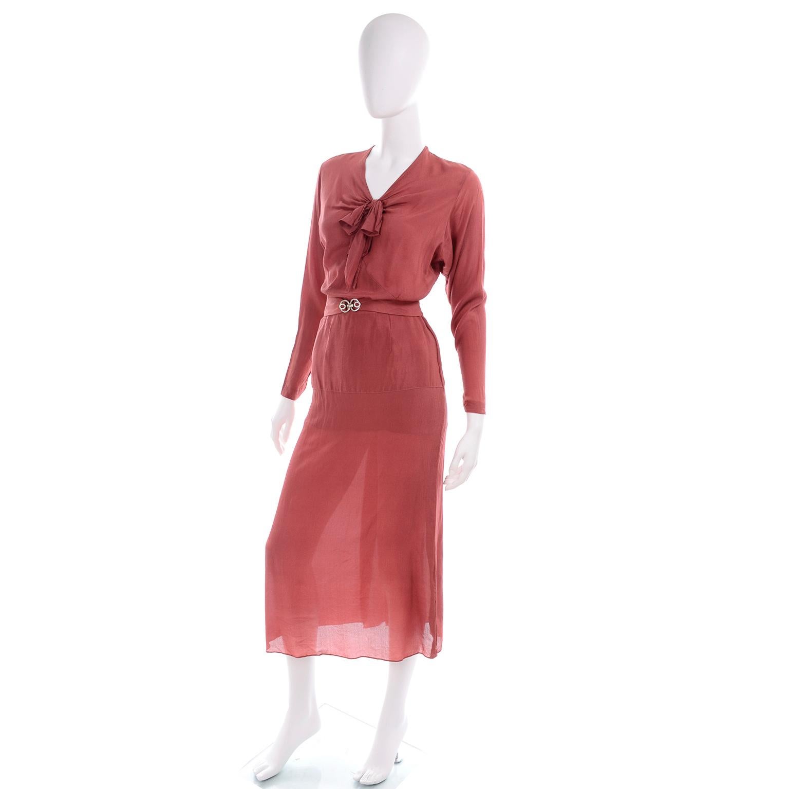 1930s Rusty Red Silk Vintage 2 Pc Bias Dress With Rhinestone Belt and Tie In Good Condition For Sale In Portland, OR