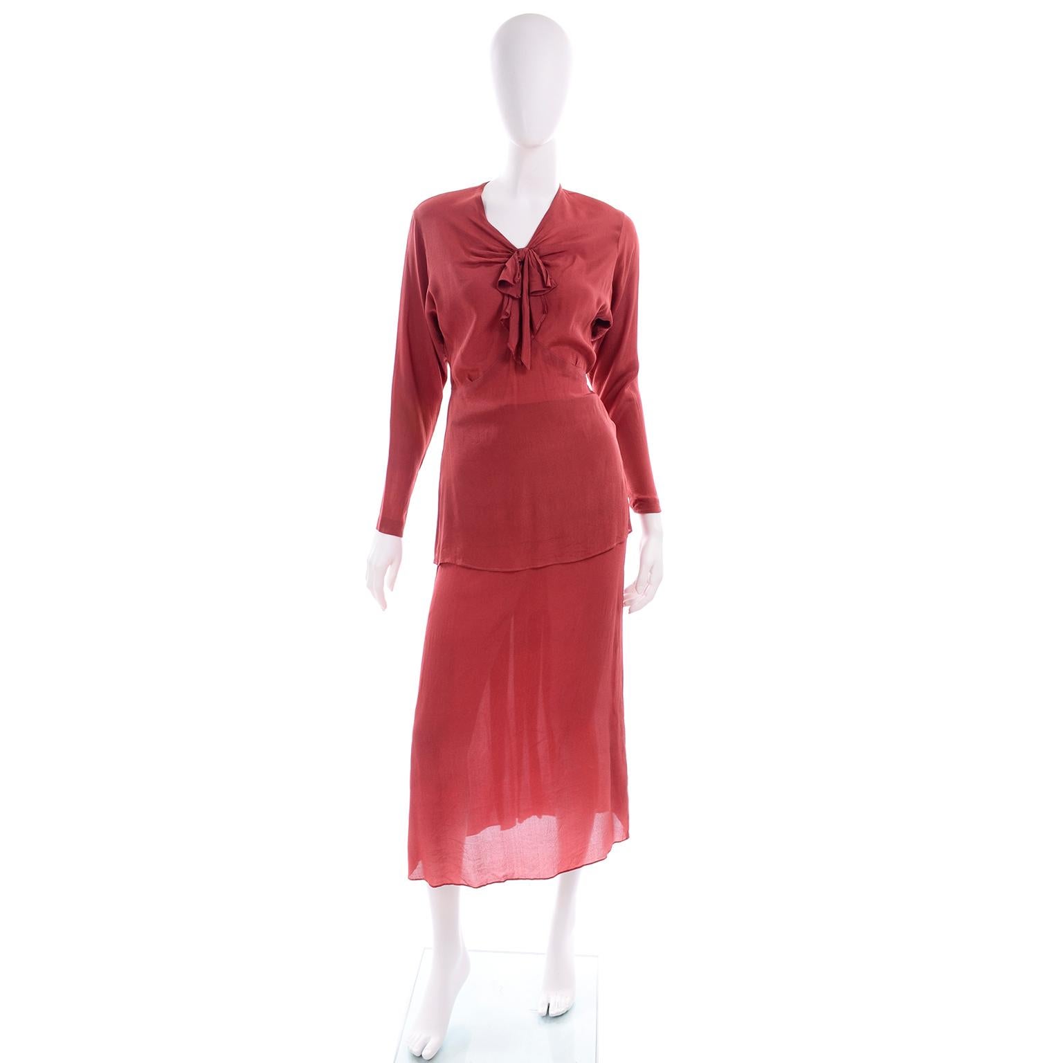 Women's 1930s Rusty Red Silk Vintage 2 Pc Bias Dress With Rhinestone Belt and Tie For Sale