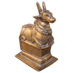 1930s Sacred Cow Sculpture in Gilded Bronze, Hindu Style, on a Base