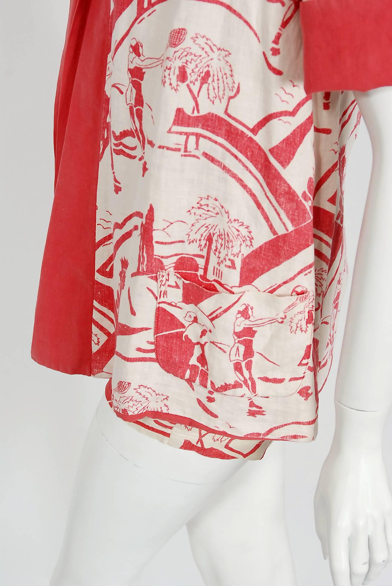 Beige 1930's Sandeze Sportswear Novelty Print Linen Backless Halter Playsuit & Jacket
