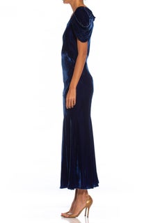 1930S Sapphire Blue Bias Cut Silk Velvet Draped Cap Sleeve Gown