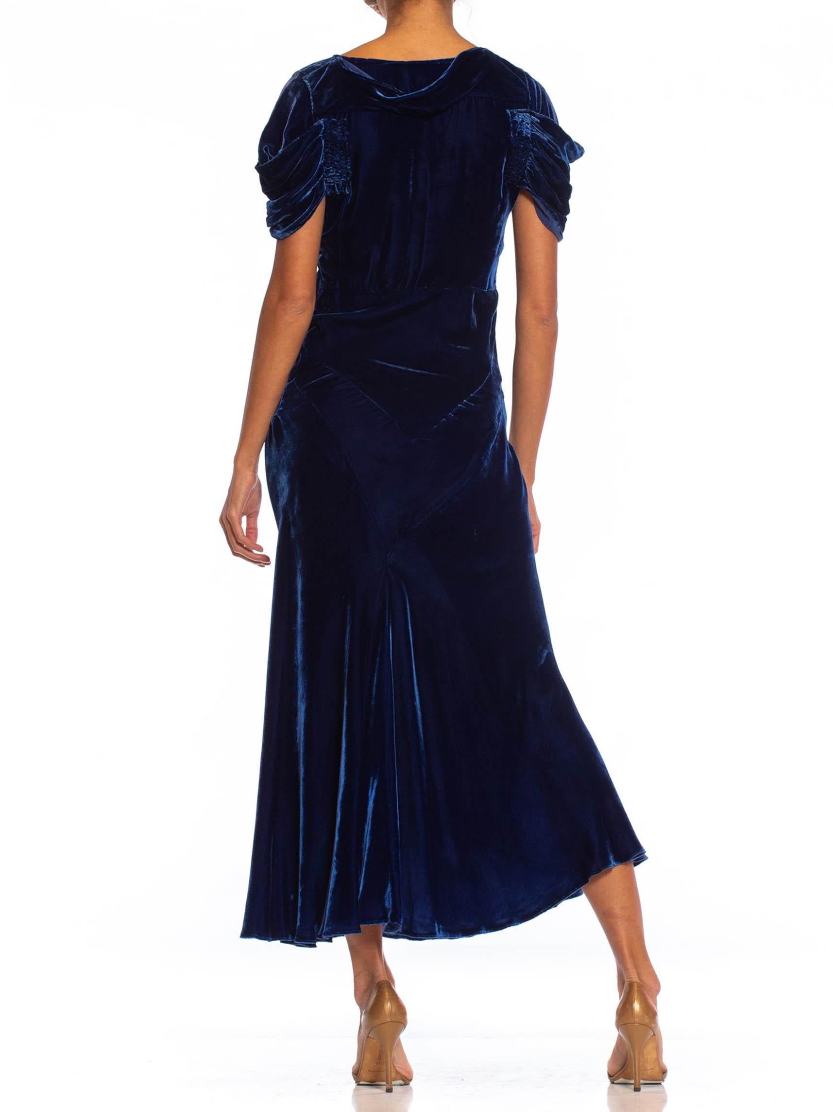 1930S Sapphire Blue Bias Cut Silk Velvet Draped Cap Sleeve Gown For Sale 2
