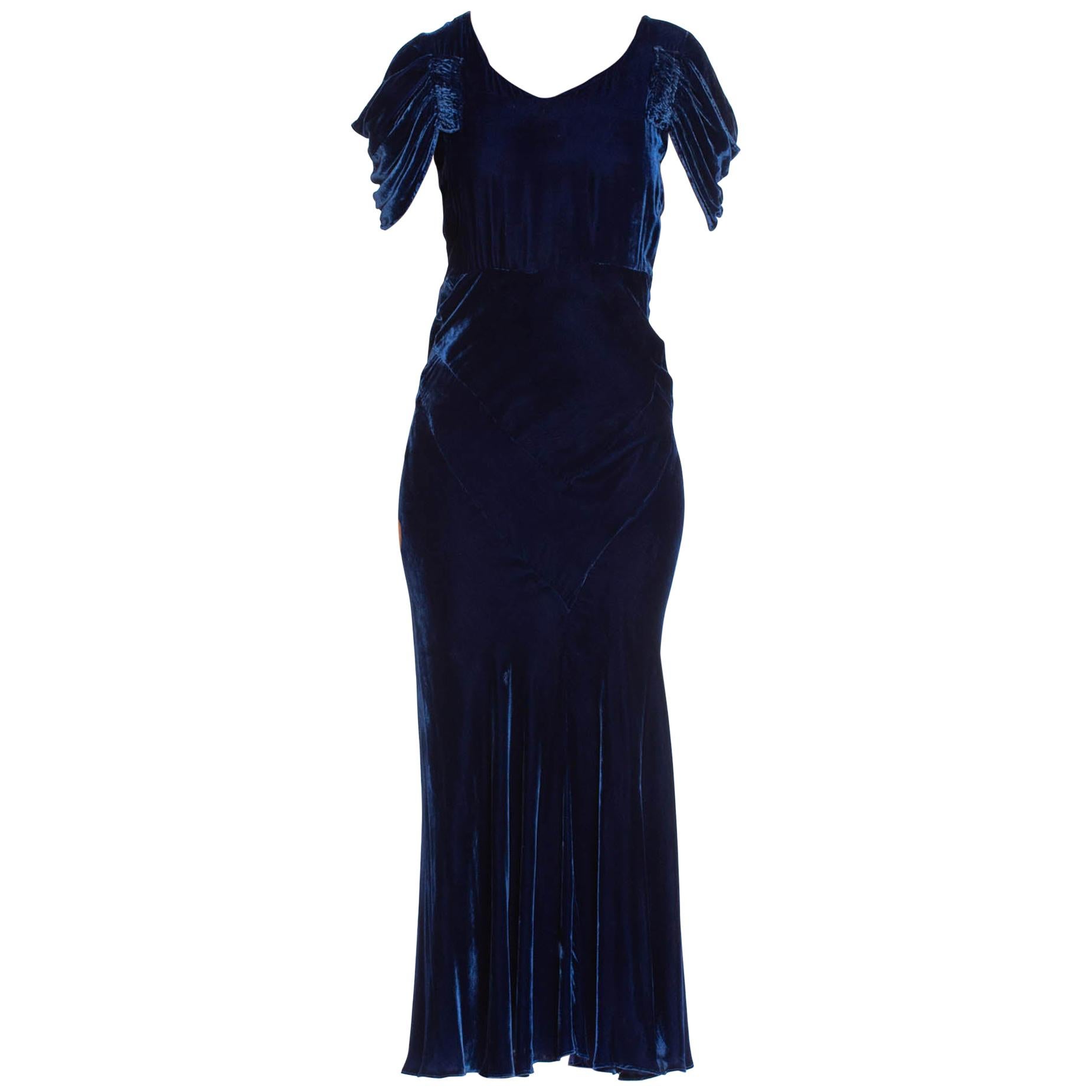 1930S Sapphire Blue Bias Cut Silk Velvet Draped Cap Sleeve Gown For Sale