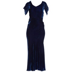 Antique 1930S Sapphire Blue Bias Cut Silk Velvet Draped Cap Sleeve Gown