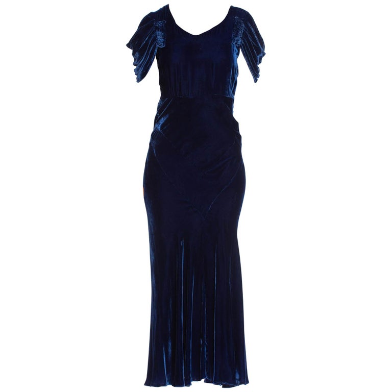 1930s Sapphire Blue Bias Cut Silk Velvet Draped Cap Sleeve Gown