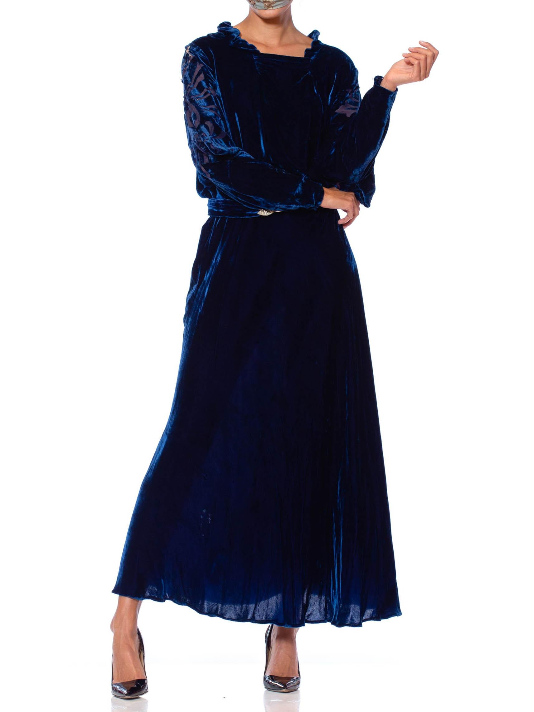 1930S Sapphire Blue  Bias Cut Silk Velvet Gown With Burnout Sleeves & Back As-I 5