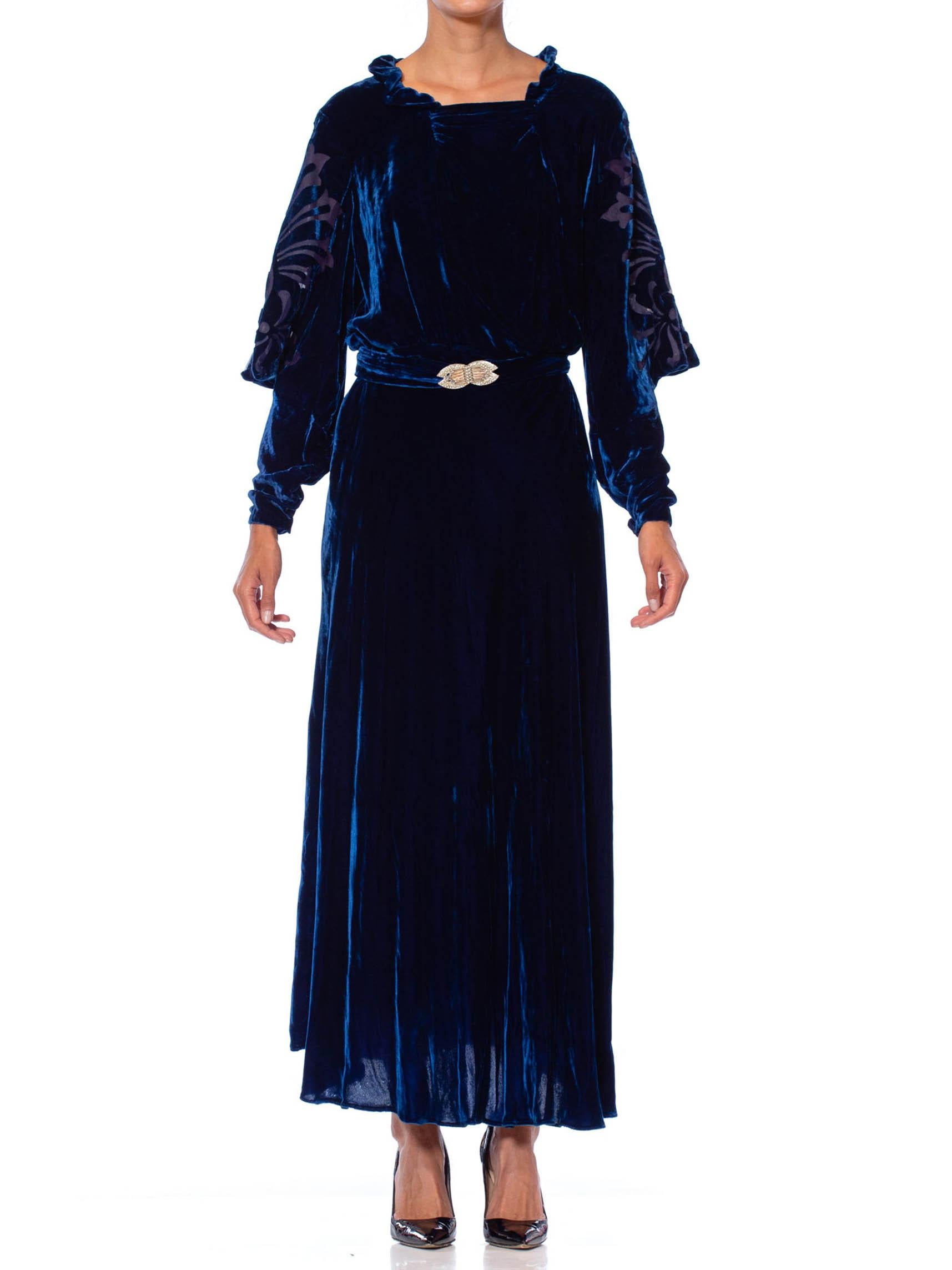 1930S Sapphire Blue  Bias Cut Silk Velvet Gown With Burnout Sleeves & Back As-Is For Design