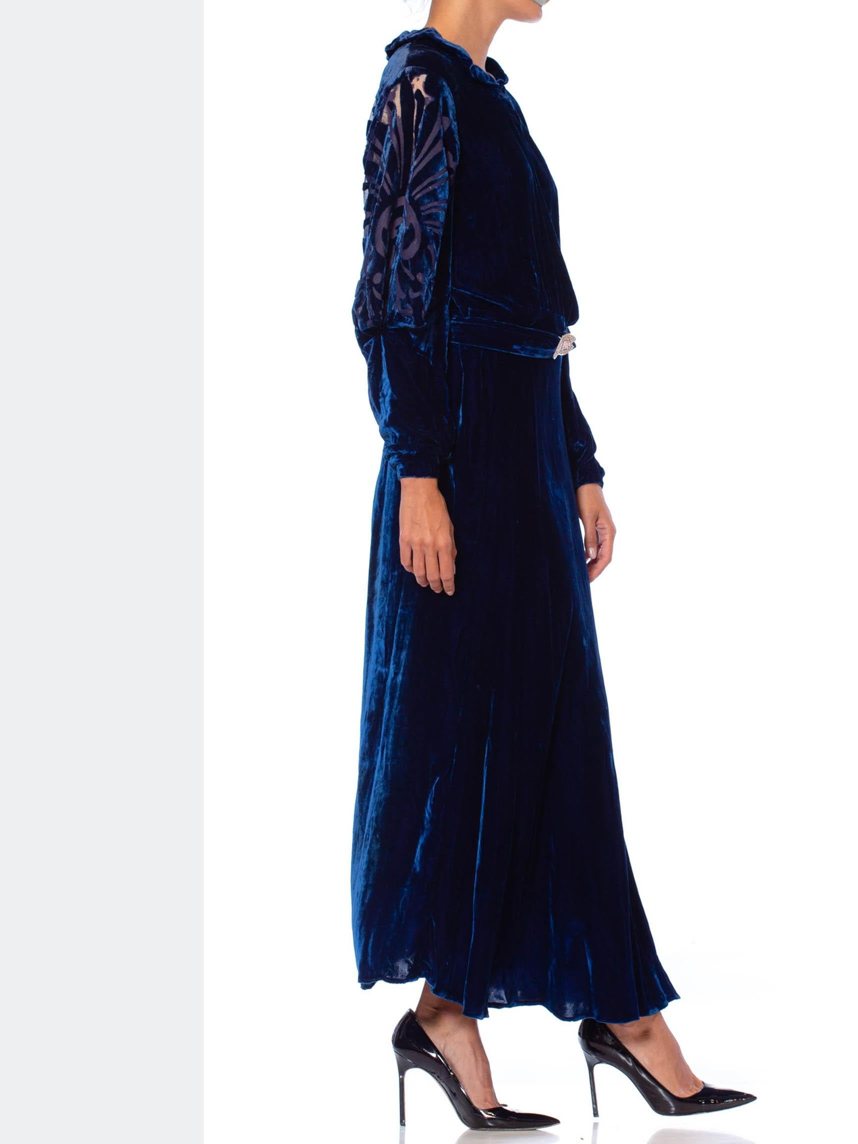 1930S Sapphire Blue  Bias Cut Silk Velvet Gown With Burnout Sleeves & Back As-I In Excellent Condition In New York, NY