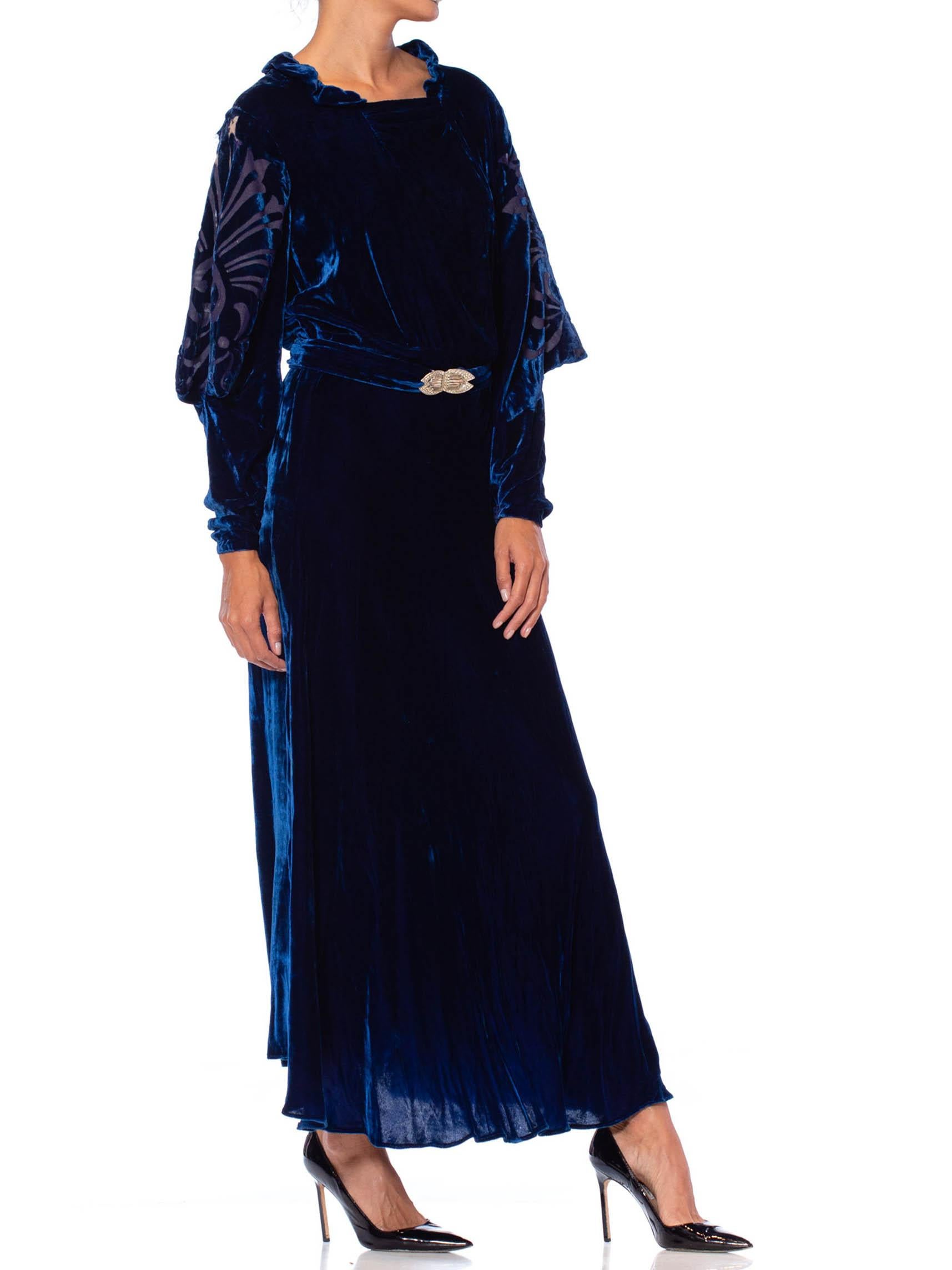 Women's 1930S Sapphire Blue  Bias Cut Silk Velvet Gown With Burnout Sleeves & Back As-I