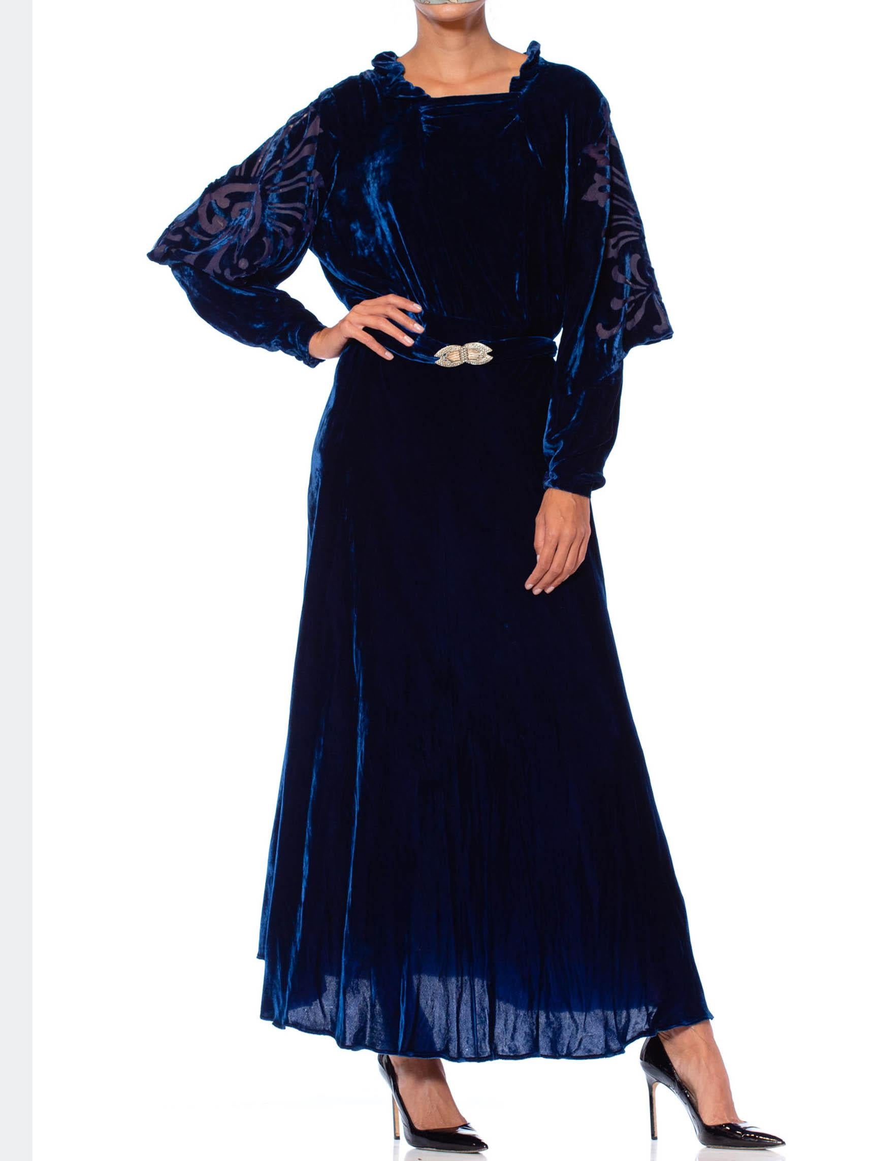 1930S Sapphire Blue  Bias Cut Silk Velvet Gown With Burnout Sleeves & Back As-I 1