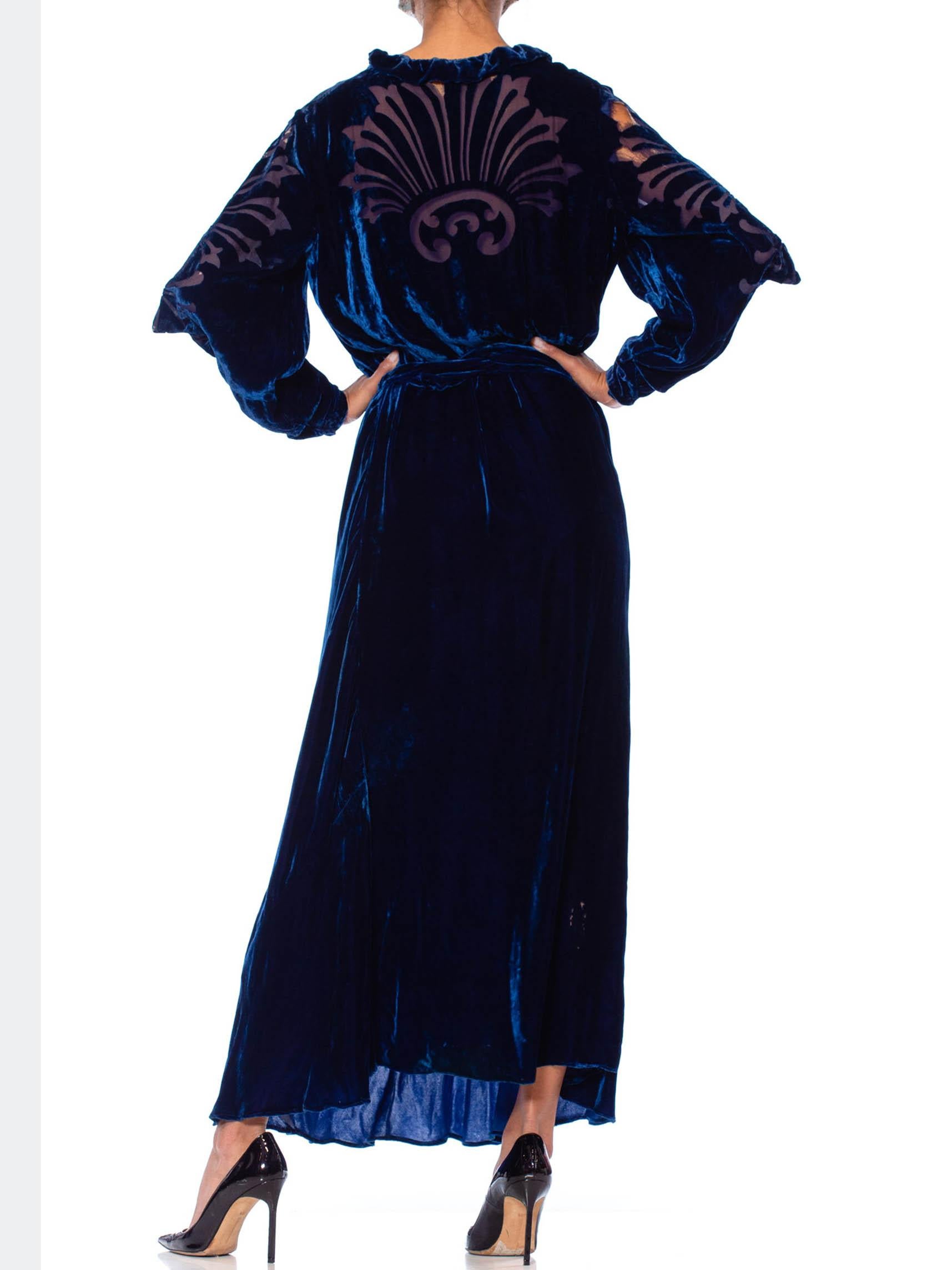 1930S Sapphire Blue  Bias Cut Silk Velvet Gown With Burnout Sleeves & Back As-I 2