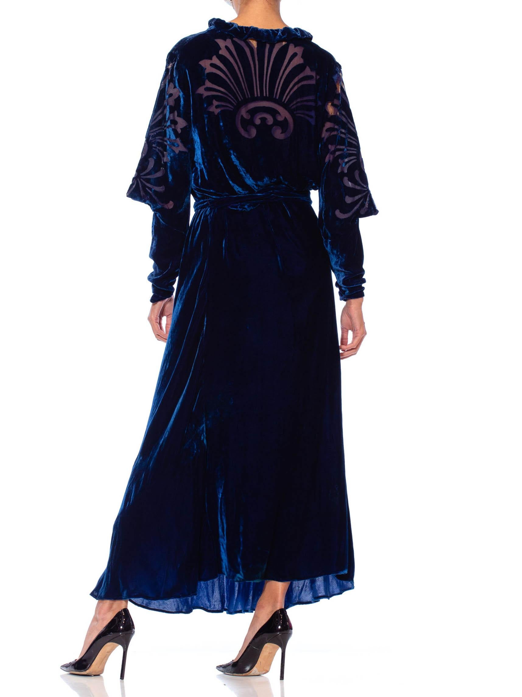 1930S Sapphire Blue  Bias Cut Silk Velvet Gown With Burnout Sleeves & Back As-I 3