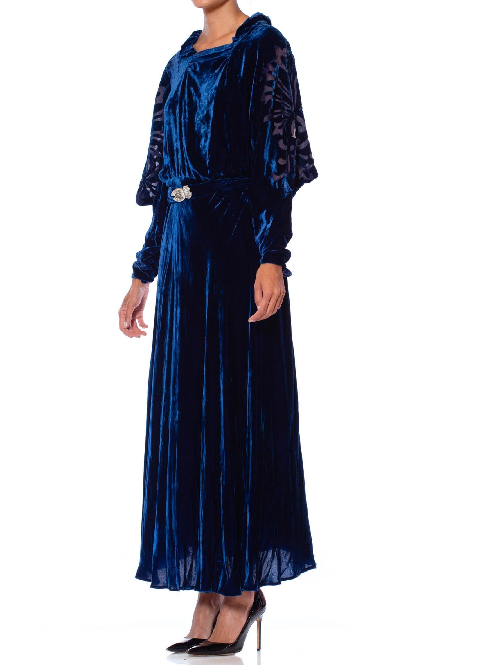 1930S Sapphire Blue  Bias Cut Silk Velvet Gown With Burnout Sleeves & Back As-I 4