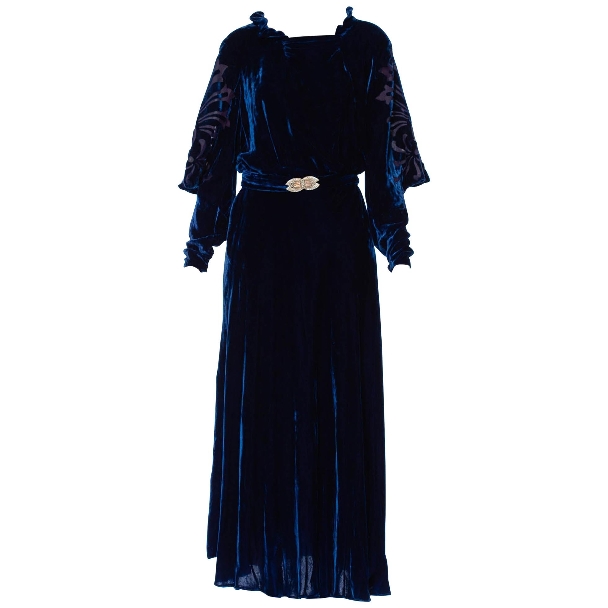 1930S Sapphire Blue  Bias Cut Silk Velvet Gown With Burnout Sleeves & Back As-I