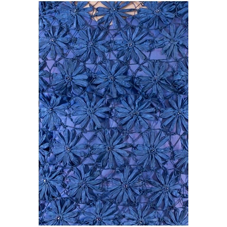 1930S Sapphire Blue Rayon Floral Ribbon-Work Lace  Dress With Crystals For Sale 6