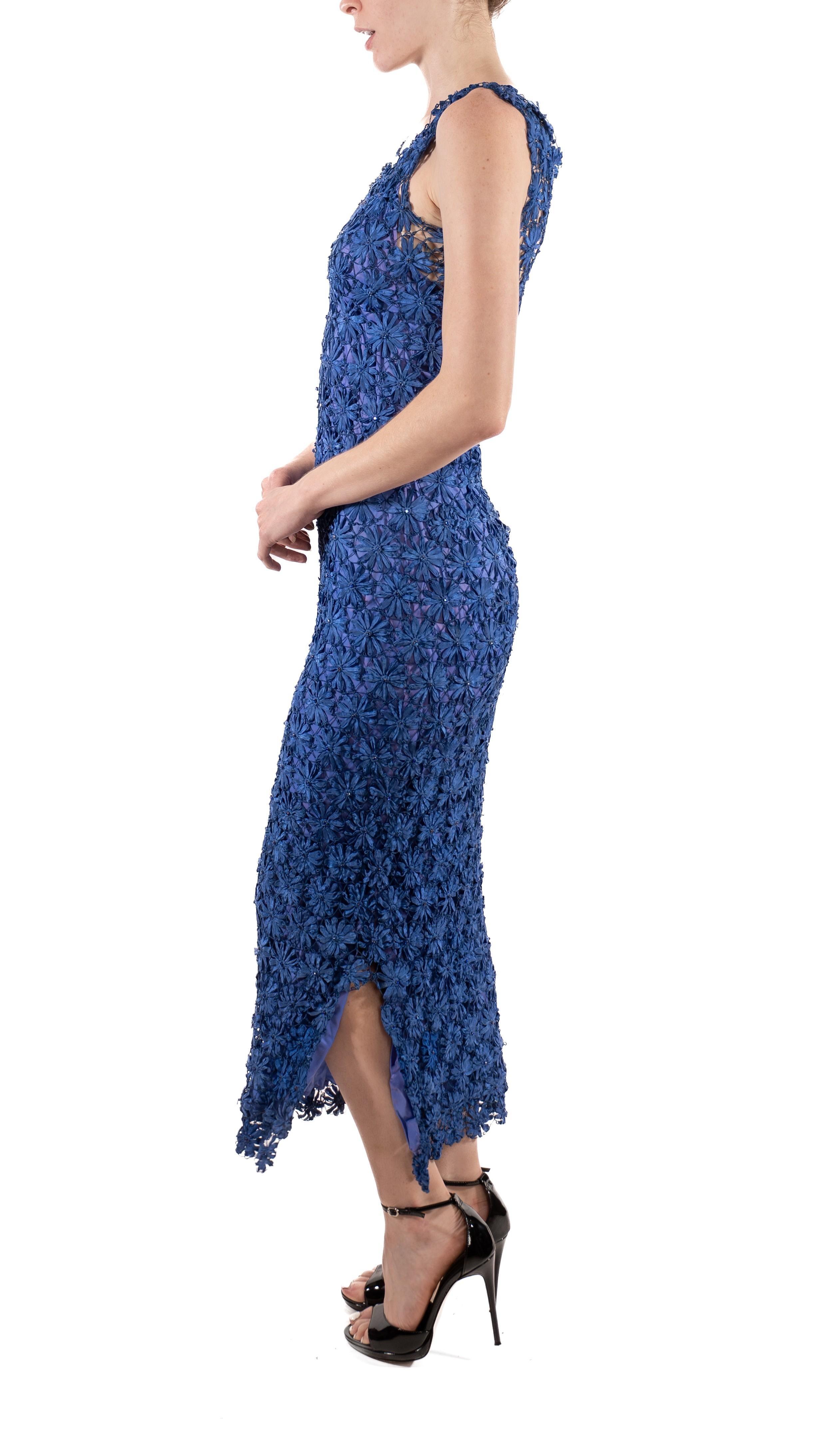1930S Sapphire Blue Rayon Floral Ribbon-Work Lace  Dress With Crystals & Bias-Cut Lining