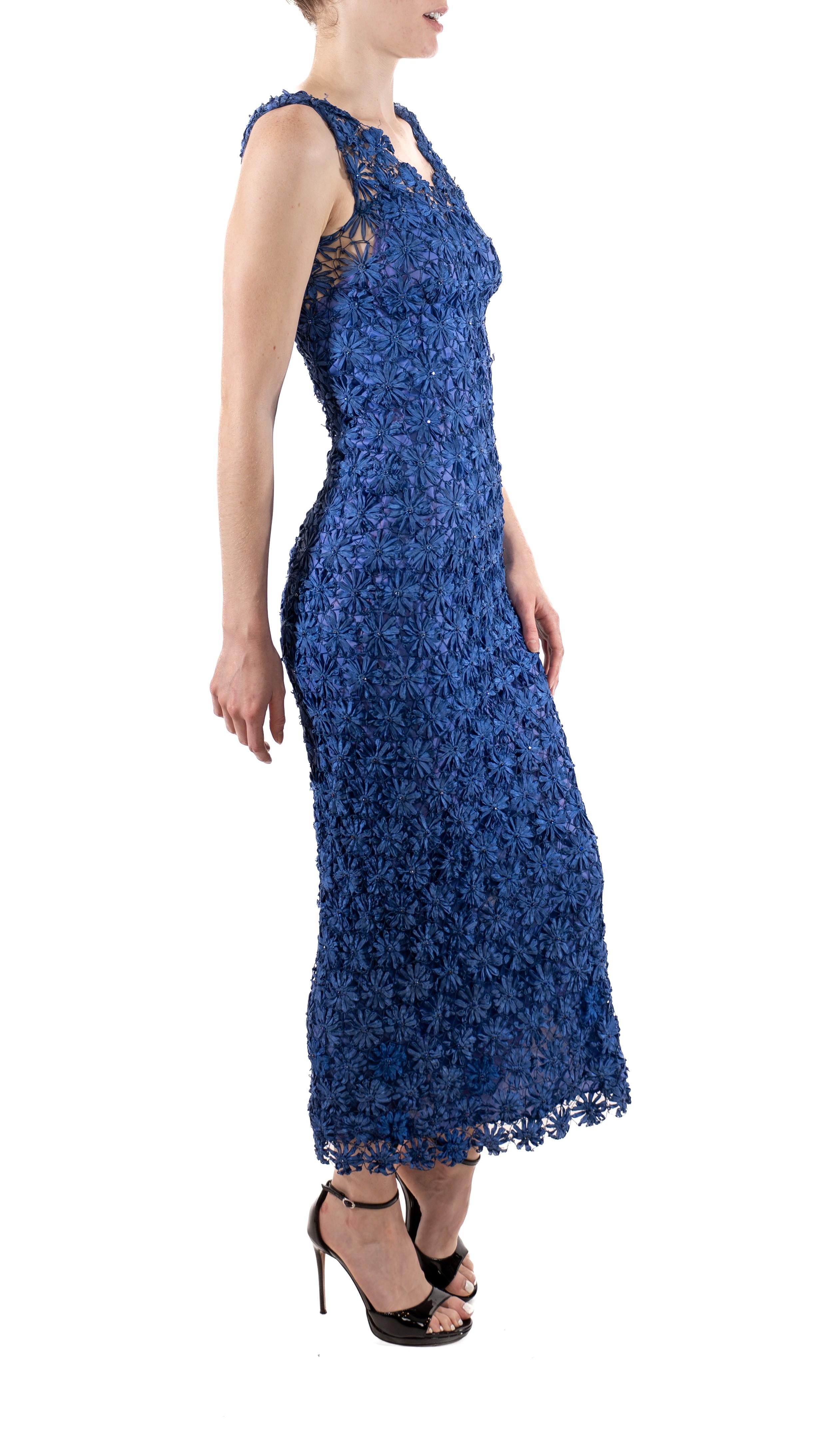 1930S Sapphire Blue Rayon Floral Ribbon-Work Lace  Dress With Crystals In Good Condition For Sale In New York, NY