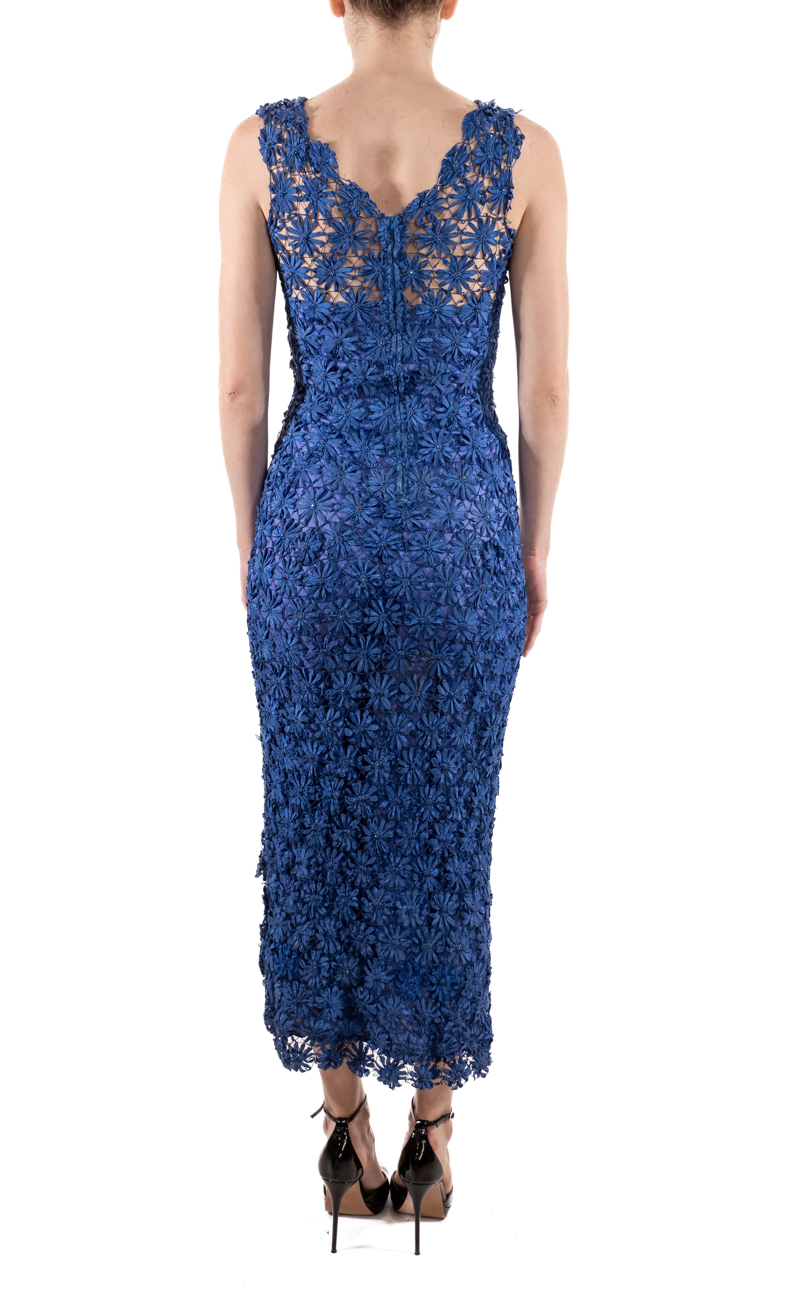 1930S Sapphire Blue Rayon Floral Ribbon-Work Lace  Dress With Crystals For Sale 2