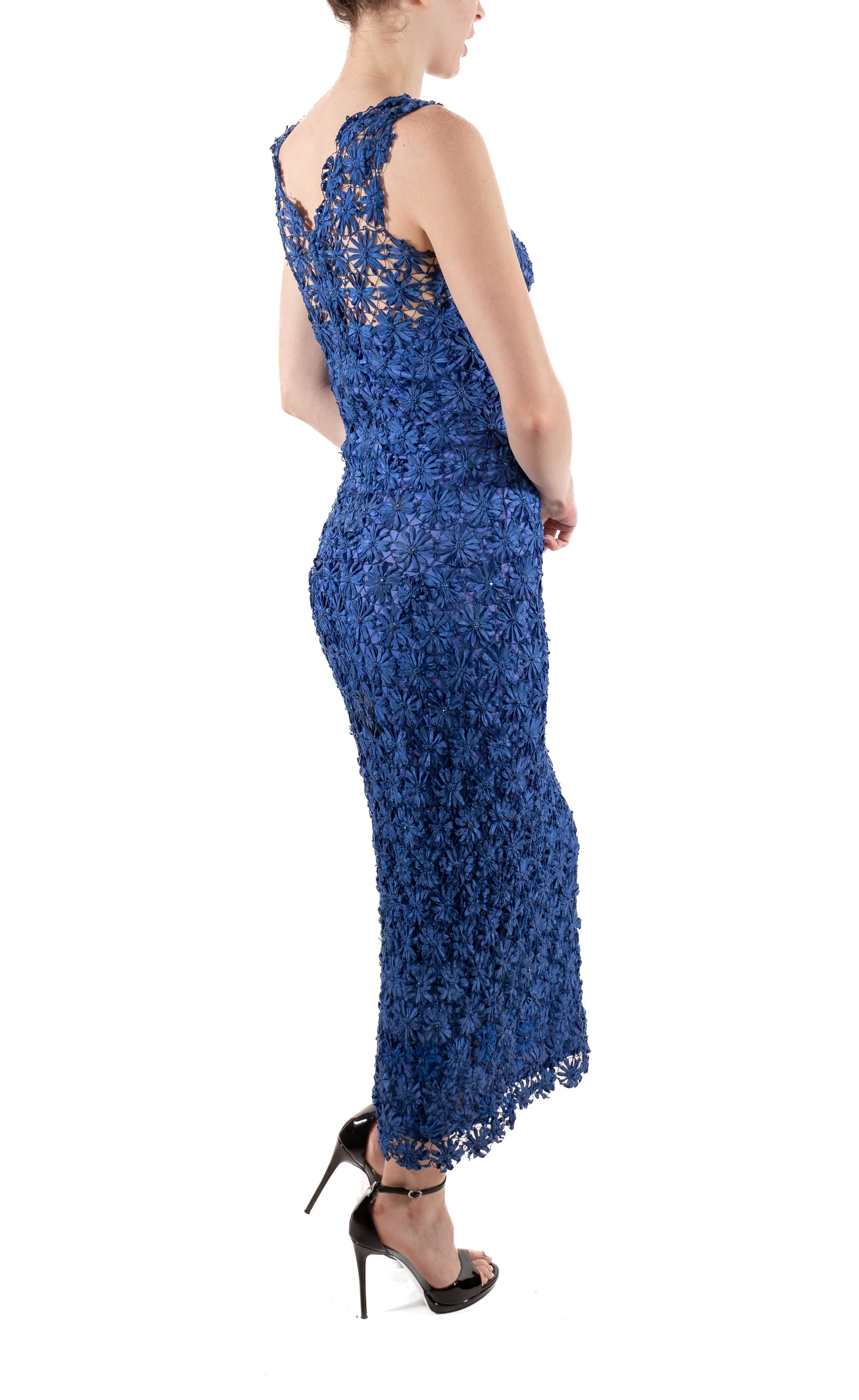 1930S Sapphire Blue Rayon Floral Ribbon-Work Lace  Dress With Crystals For Sale 3