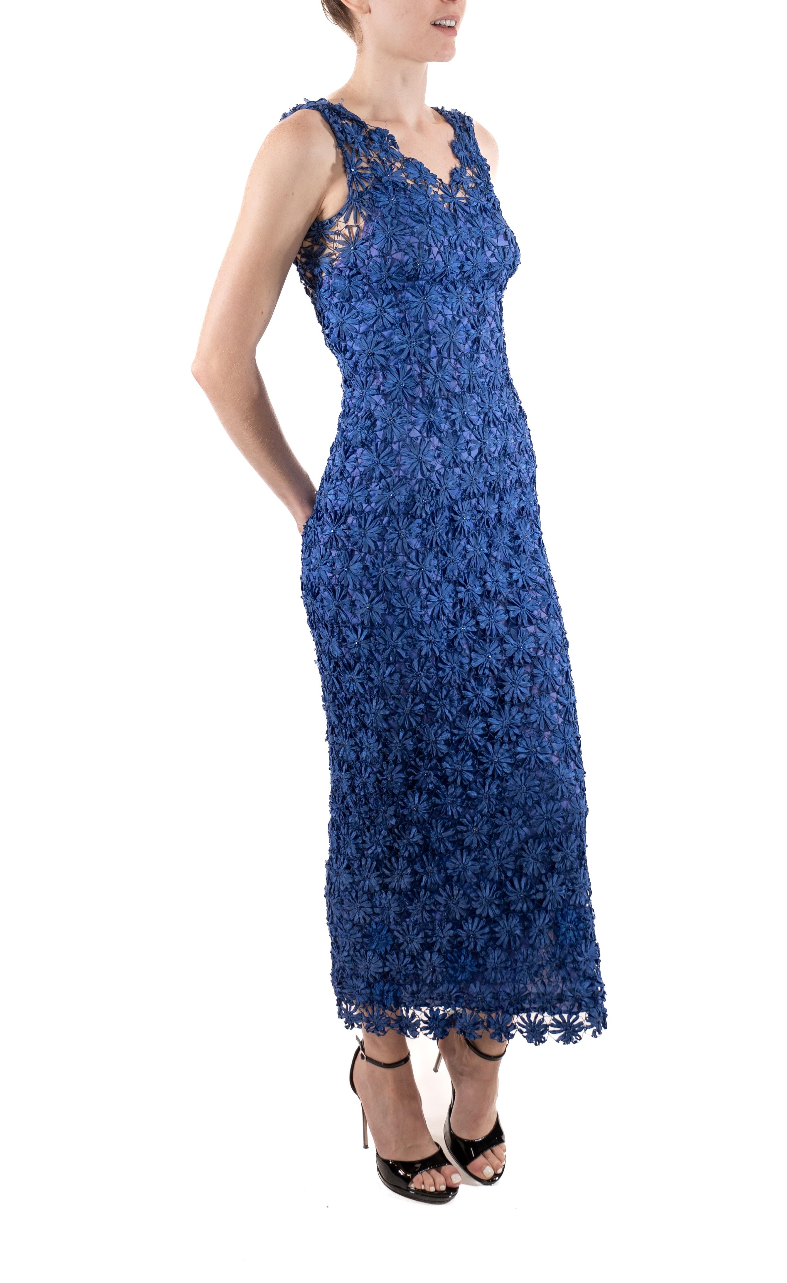1930S Sapphire Blue Rayon Floral Ribbon-Work Lace  Dress With Crystals For Sale 5