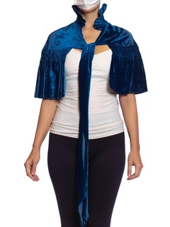 1930S Sapphire Blue  Silk Velvet Smocked Ruffle Bow Neck Cape