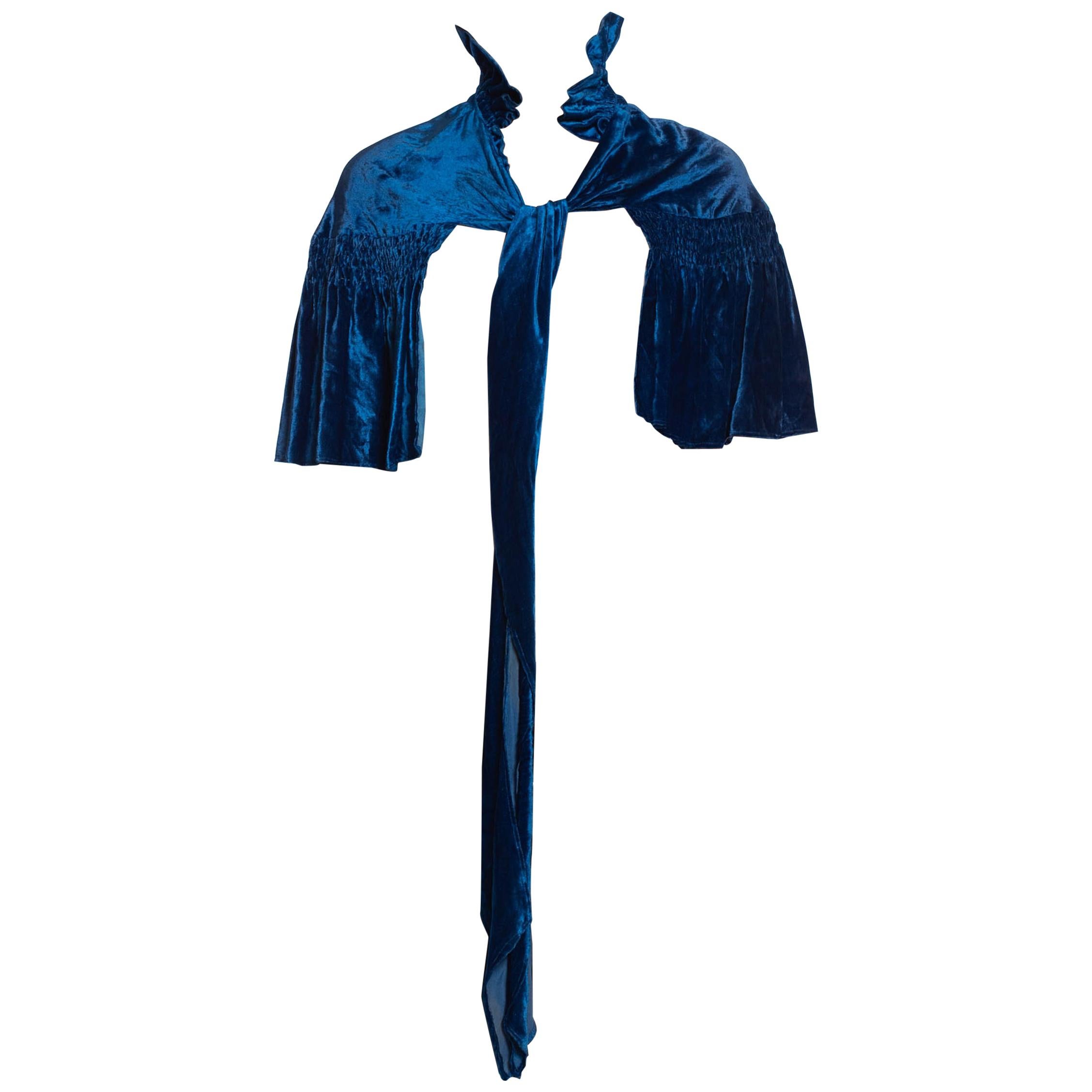 1930S Sapphire Blue  Silk Velvet Smocked Ruffle Bow Neck Cape