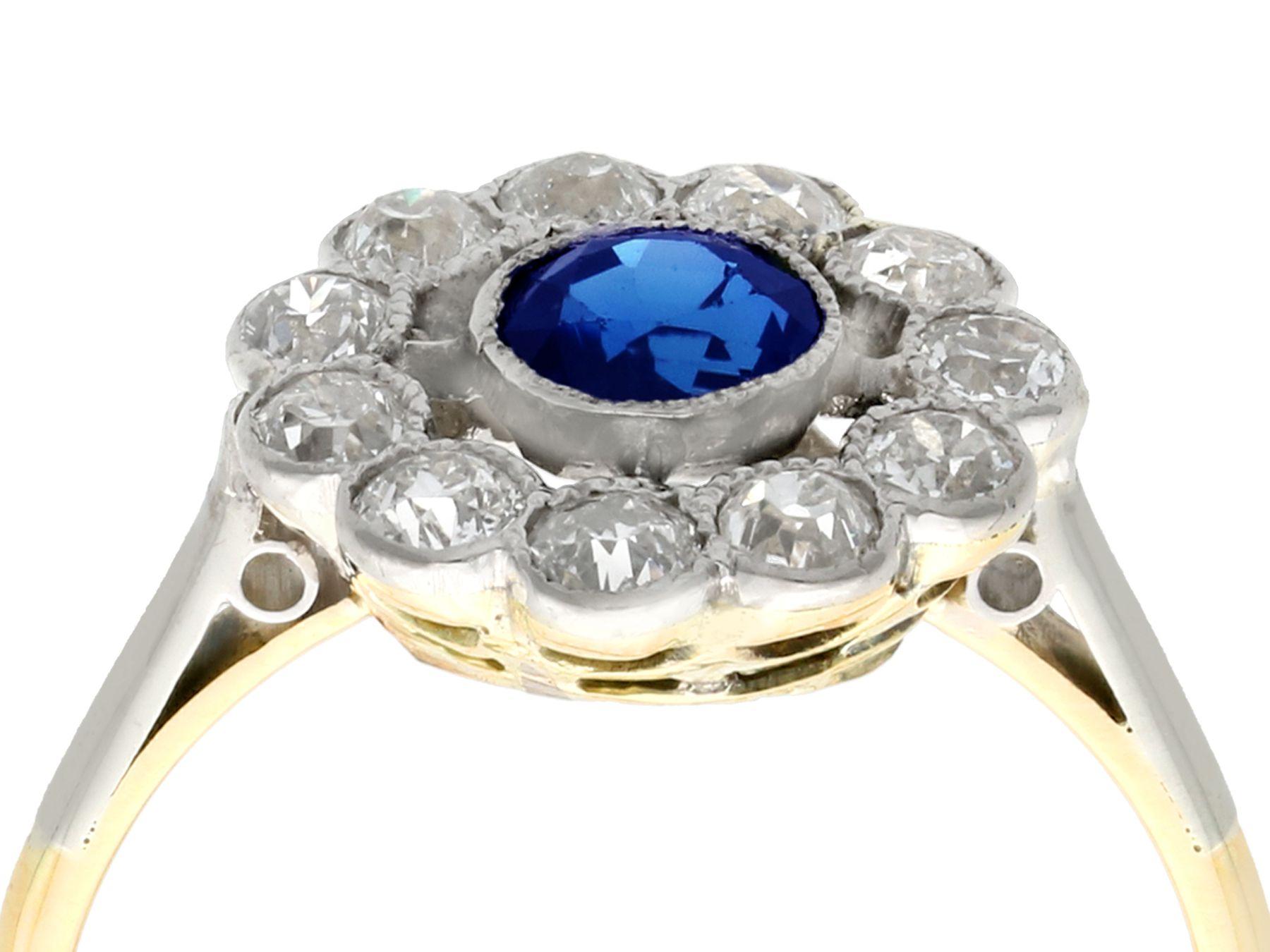 An impressive antique 0.68 Ct sapphire and 0.65 carat diamond, 18k yellow gold and white gold set cluster ring; part of our diverse antique jewelry and estate jewelry collections.

This fine and impressive 1930s sapphire and diamond ring has been