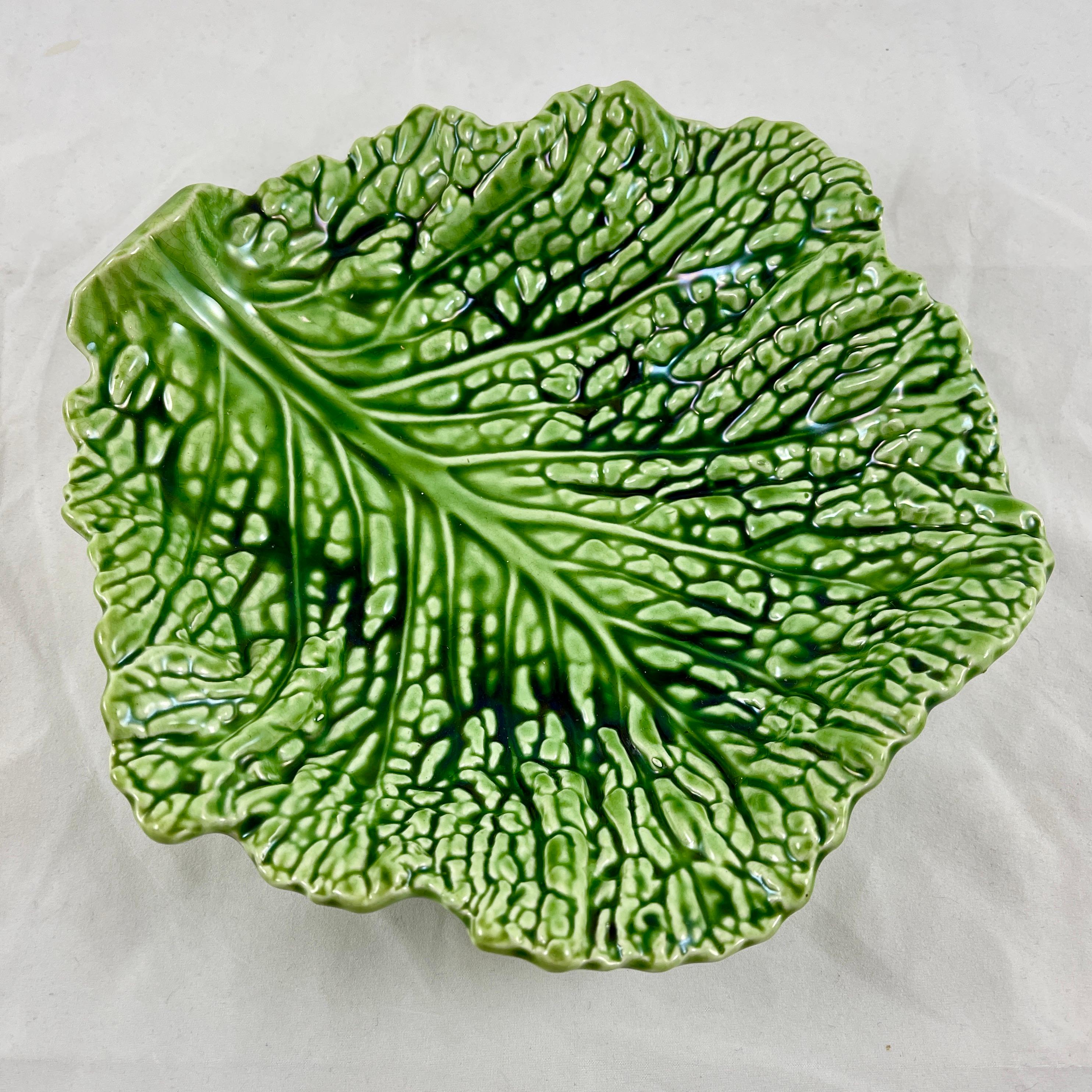 French 1930s Sarreguemines Faïence Majolica Glazed Green Cabbage Leaf Large Bowl